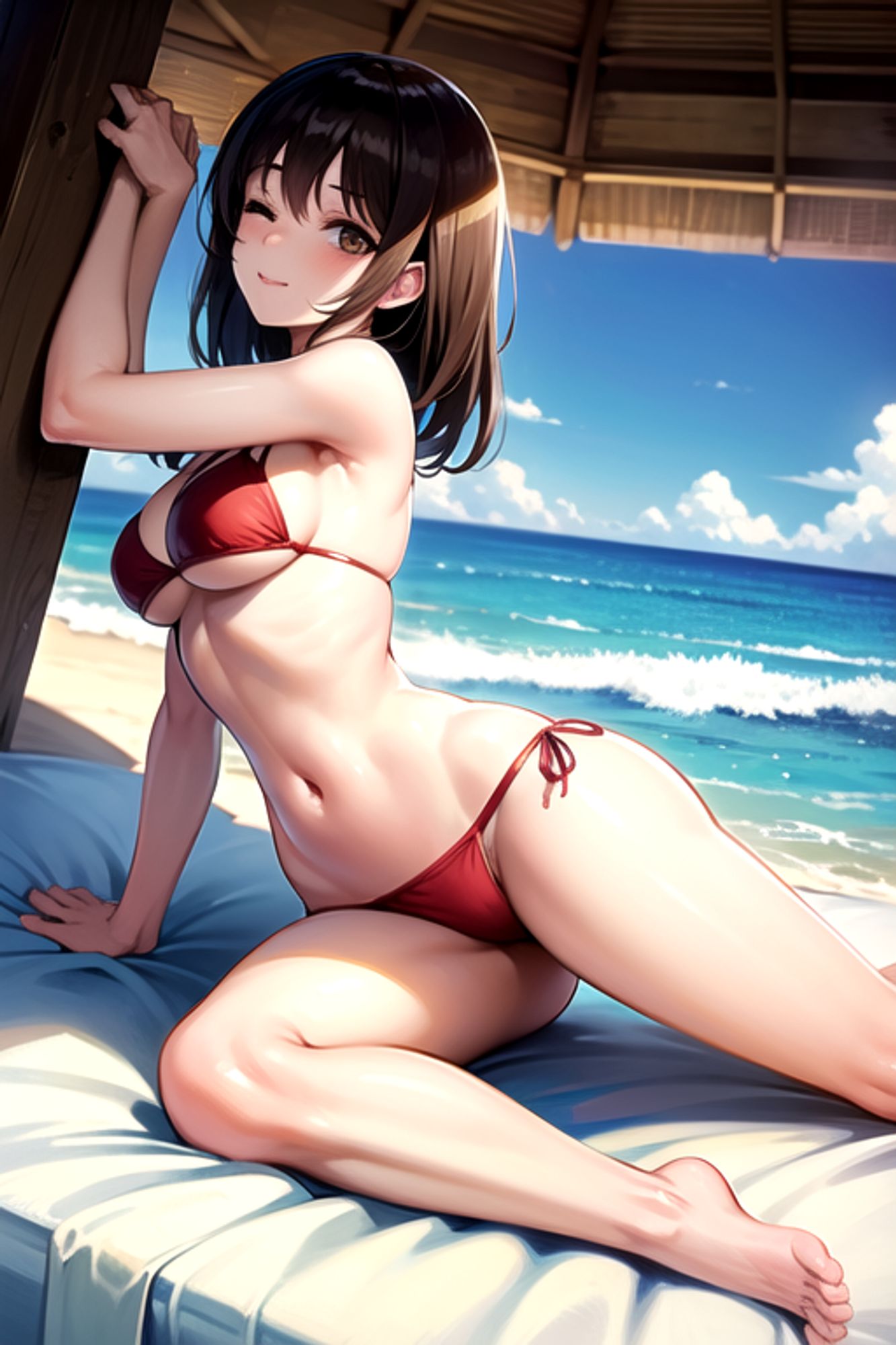 Prompt: (masterpiece), (high resolution 8K),1girl, brown hair, medium hair, brown eyes, full body, red bikini, beach,eyes closed, full body,arched back,from side,lie on bed
Negative prompt: Easy Negative, (worst quality:2), (low quality:2), (normal quality:2), lowers normal quality, monochrome, grayscale, missing fingers, extra fingers, extra arms, ugly face, fat, thick eyebrows, skin spots, acnes, skin blemishes, age spot,watermark, text
Steps: 20, Sampler: DPM++ 2M Karras, CFG scale: 7, Seed: 297942367, Size: 512x768, Model hash: 7eb674963a, Model: hassakuHentaiModel_v13, VAE hash: 735e4c3a44, VAE: blessed2.vae.safetensors, Clip skip: 2, Version: v1.7.0
