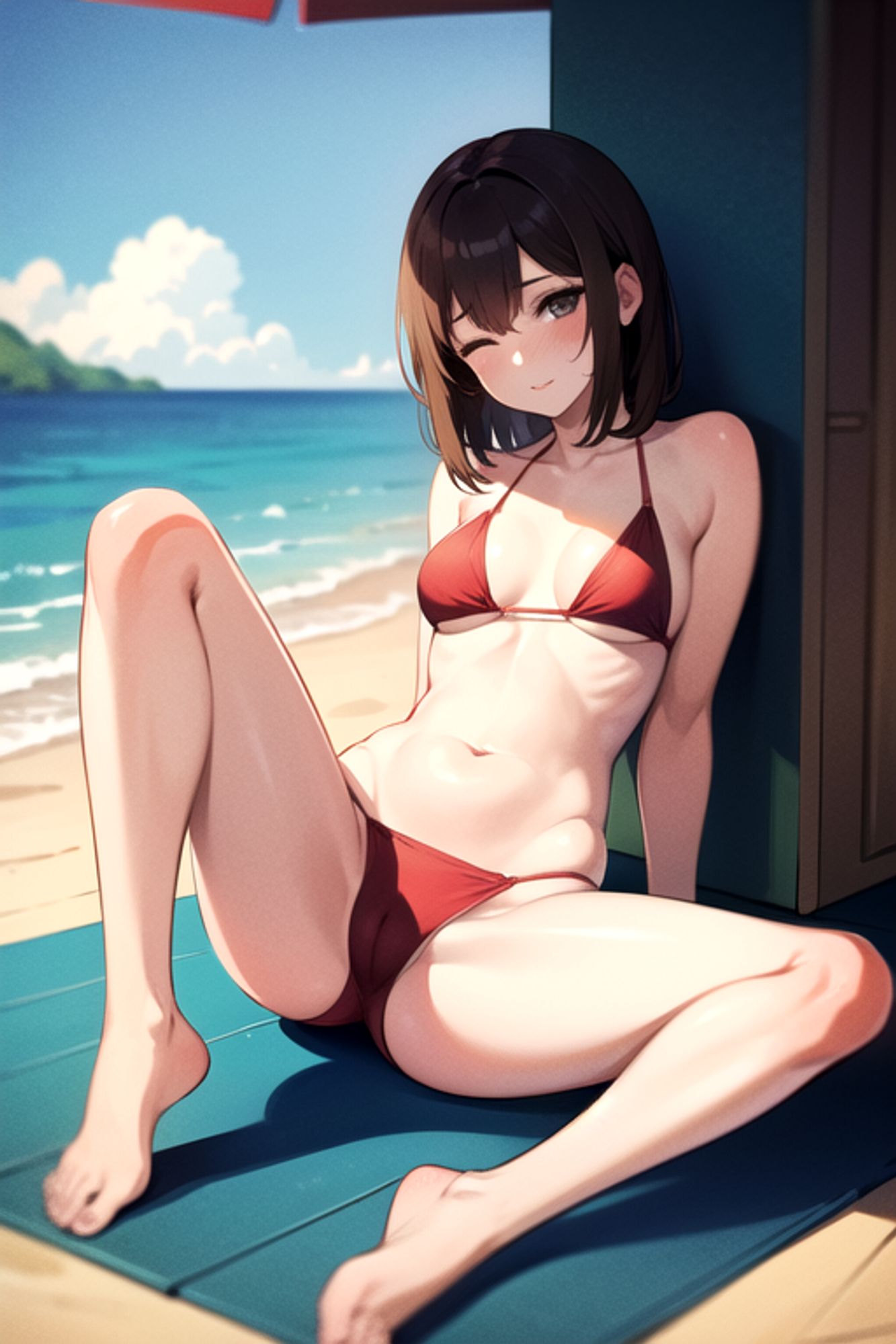 Prompt: (masterpiece), (high resolution 8K),1girl, brown hair, medium hair, brown eyes, full body, red bikini, beach,eyes closed, full body,frog-sit on the floor,from front,spread legs
Negative prompt: Easy Negative, (worst quality:2), (low quality:2), (normal quality:2), lowers normal quality, monochrome, grayscale, missing fingers, extra fingers, extra arms, ugly face, fat, thick eyebrows, skin spots, acnes, skin blemishes, age spot,watermark, text
Steps: 20, Sampler: DPM++ 2M Karras, CFG scale: 7, Seed: 961614965, Size: 512x768, Model hash: 7eb674963a, Model: hassakuHentaiModel_v13, VAE hash: 735e4c3a44, VAE: blessed2.vae.safetensors, Clip skip: 2, Version: v1.7.0
