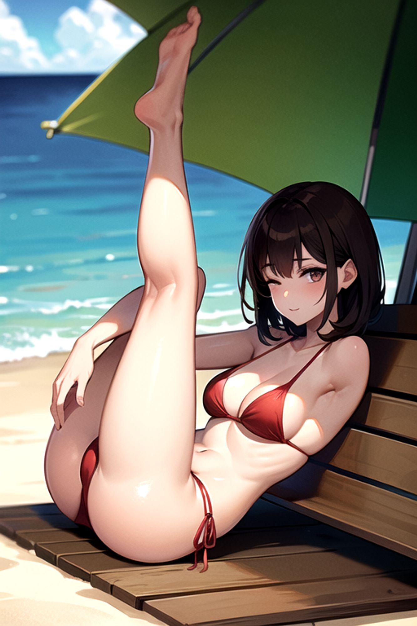 Prompt: (masterpiece), (high resolution 8K),1girl, brown hair, medium hair, brown eyes, full body, red bikini, beach,eyes closed, full body,legs up,from side,spread legs
Negative prompt: Easy Negative, (worst quality:2), (low quality:2), (normal quality:2), lowers normal quality, monochrome, grayscale, missing fingers, extra fingers, extra arms, ugly face, fat, thick eyebrows, skin spots, acnes, skin blemishes, age spot,watermark, text
Steps: 20, Sampler: DPM++ 2M Karras, CFG scale: 7, Seed: 1102498707, Size: 512x768, Model hash: 7eb674963a, Model: hassakuHentaiModel_v13, VAE hash: 735e4c3a44, VAE: blessed2.vae.safetensors, Clip skip: 2, Version: v1.7.0
