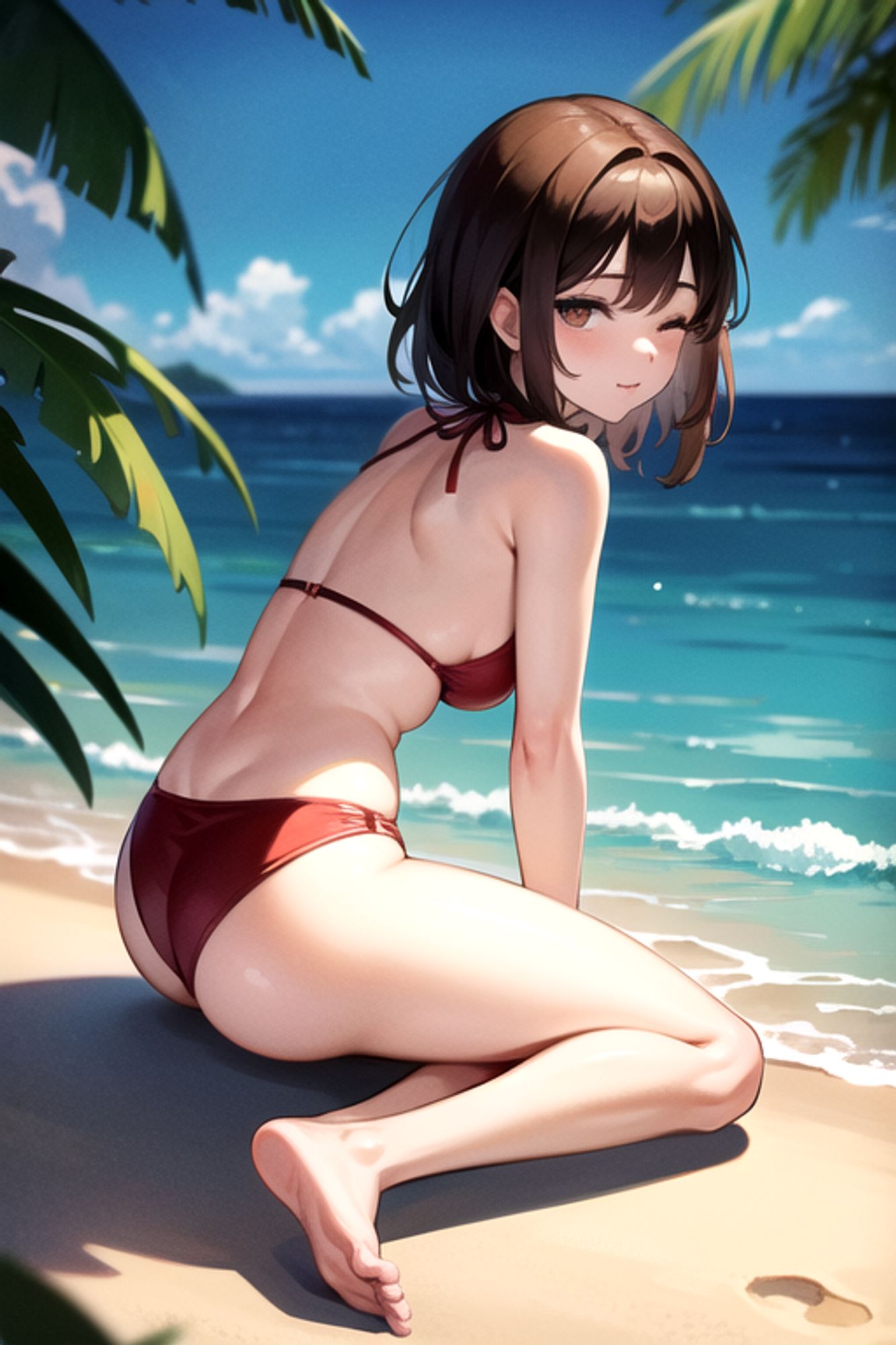 Prompt: (masterpiece), (high resolution 8K),1girl, brown hair, medium hair, brown eyes, full body, red bikini, beach,eyes closed, full body,frog-sit on the floor,from side,spread legs
Negative prompt: Easy Negative, (worst quality:2), (low quality:2), (normal quality:2), lowers normal quality, monochrome, grayscale, missing fingers, extra fingers, extra arms, ugly face, fat, thick eyebrows, skin spots, acnes, skin blemishes, age spot,watermark, text
Steps: 20, Sampler: DPM++ 2M Karras, CFG scale: 7, Seed: 3751547076, Size: 512x768, Model hash: 7eb674963a, Model: hassakuHentaiModel_v13, VAE hash: 735e4c3a44, VAE: blessed2.vae.safetensors, Clip skip: 2, Version: v1.7.0
