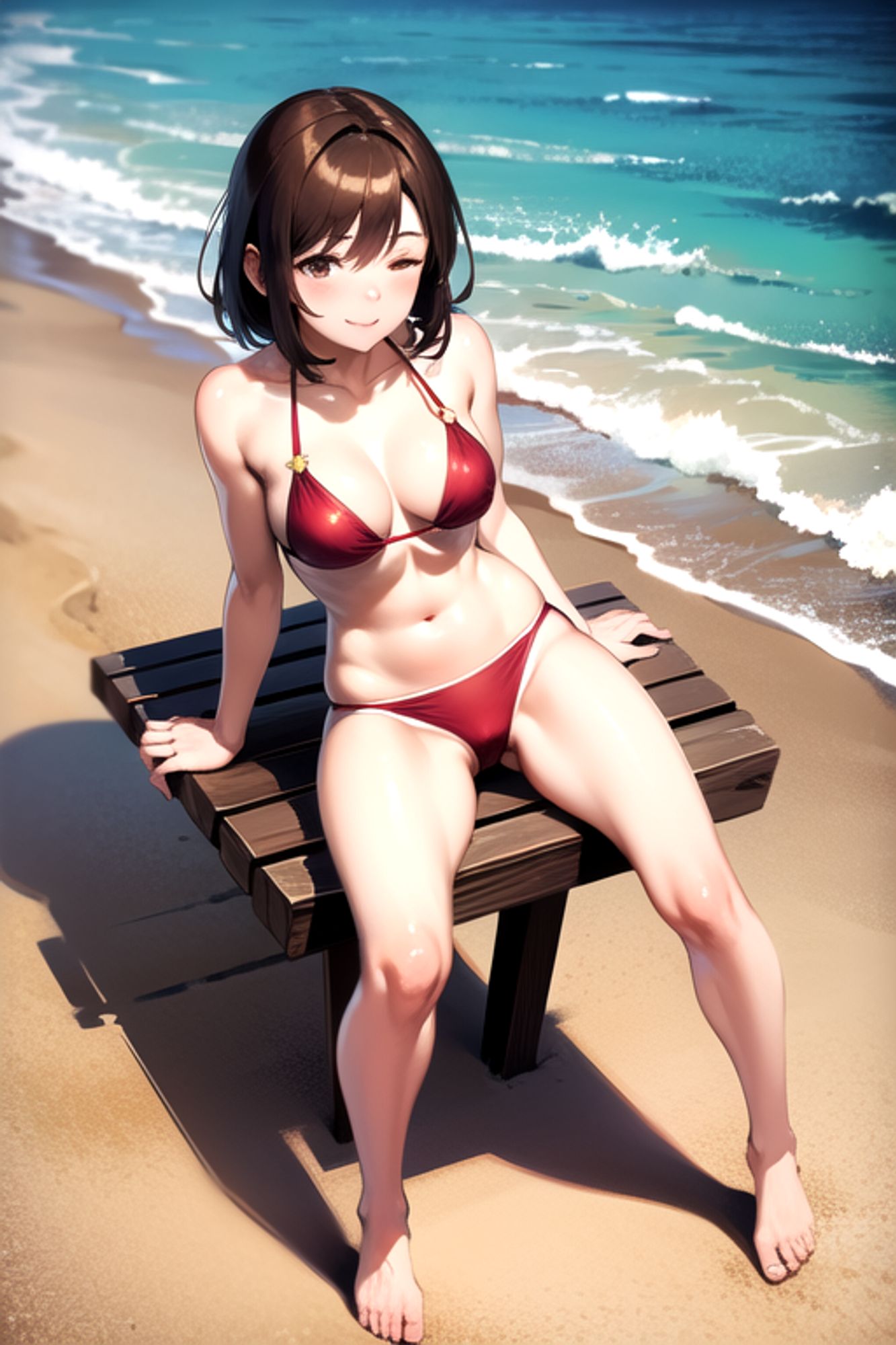 Prompt: (masterpiece), (high resolution 8K),1girl, brown hair, medium hair, brown eyes, full body, red bikini, beach,eyes closed, full body,leaning forward,from above,spread legs
Negative prompt: Easy Negative, (worst quality:2), (low quality:2), (normal quality:2), lowers normal quality, monochrome, grayscale, missing fingers, extra fingers, extra arms, ugly face, fat, thick eyebrows, skin spots, acnes, skin blemishes, age spot,watermark, text
Steps: 20, Sampler: DPM++ 2M Karras, CFG scale: 7, Seed: 2216416071, Size: 512x768, Model hash: 7eb674963a, Model: hassakuHentaiModel_v13, VAE hash: 735e4c3a44, VAE: blessed2.vae.safetensors, Clip skip: 2, Version: v1.7.0
