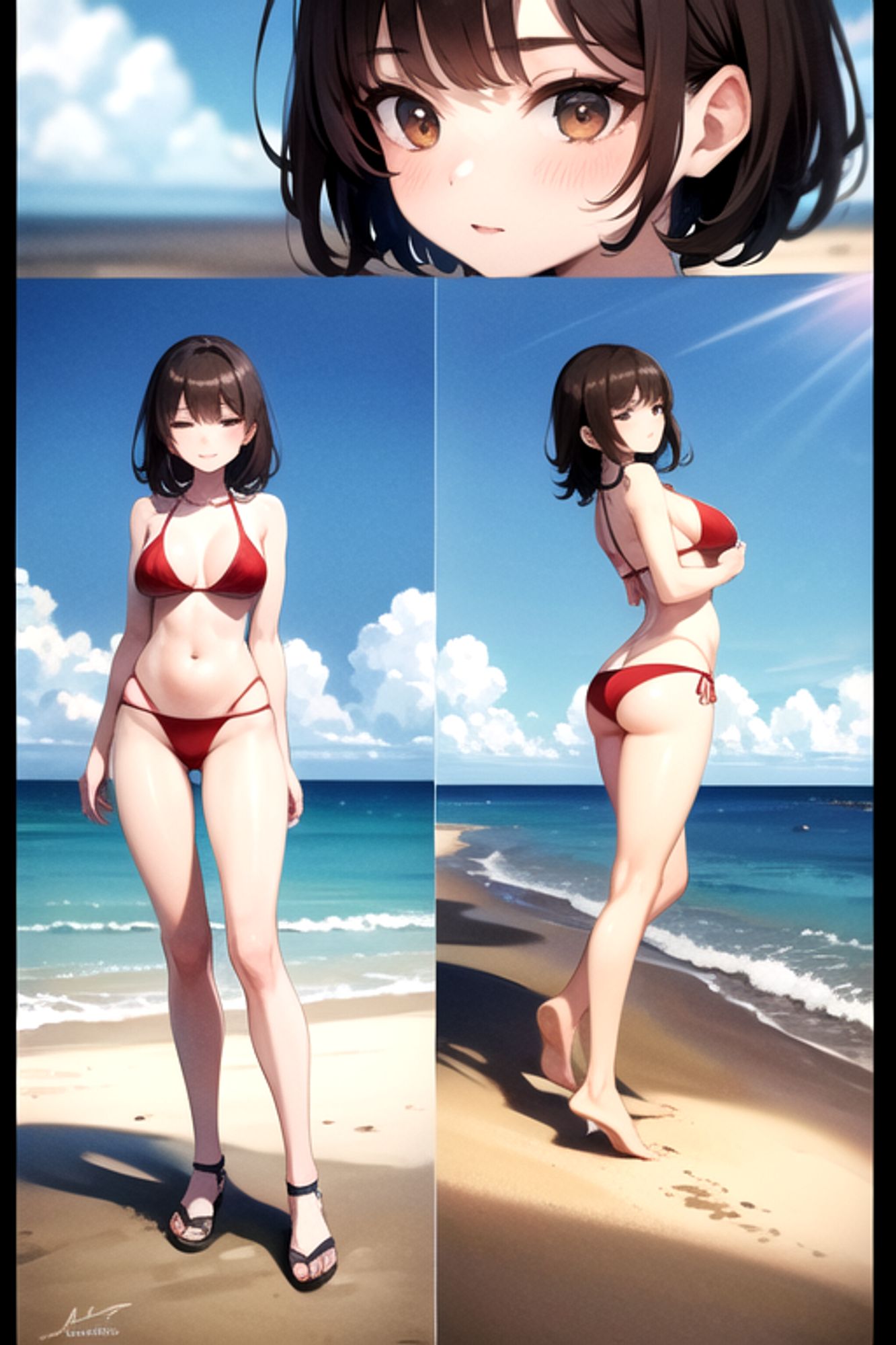 Prompt: (masterpiece), (high resolution 8K),1girl, brown hair, medium hair, brown eyes, full body, red bikini, beach,eyes closed, full body,arched back,overhead shot,standing
Negative prompt: Easy Negative, (worst quality:2), (low quality:2), (normal quality:2), lowers normal quality, monochrome, grayscale, missing fingers, extra fingers, extra arms, ugly face, fat, thick eyebrows, skin spots, acnes, skin blemishes, age spot,watermark, text
Steps: 20, Sampler: DPM++ 2M Karras, CFG scale: 7, Seed: 490892676, Size: 512x768, Model hash: 7eb674963a, Model: hassakuHentaiModel_v13, VAE hash: 735e4c3a44, VAE: blessed2.vae.safetensors, Clip skip: 2, Version: v1.7.0
