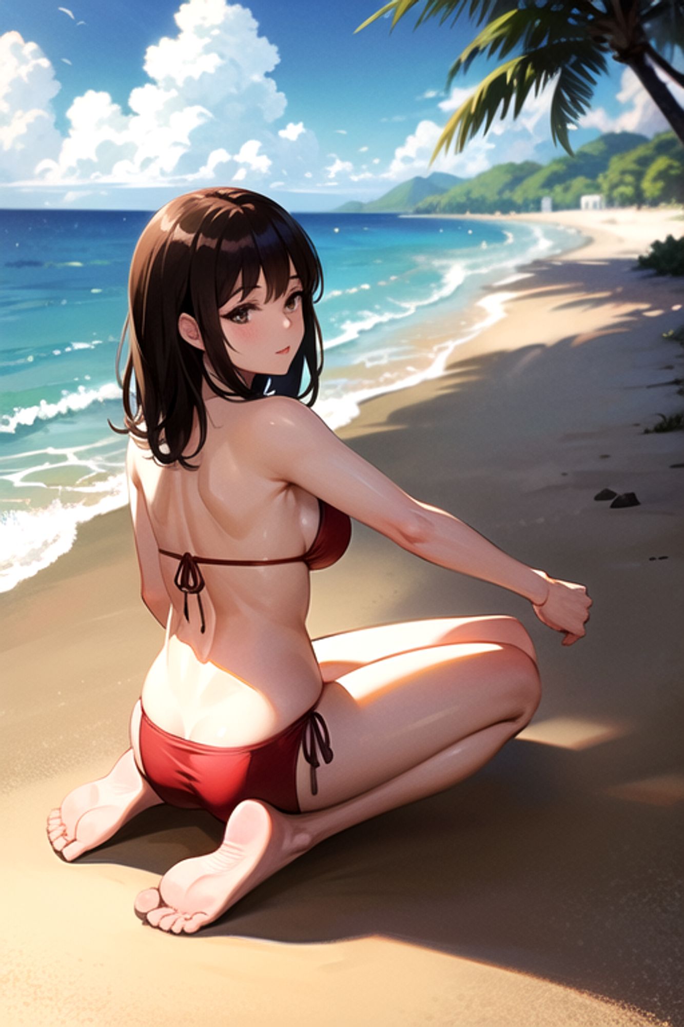 Prompt: (masterpiece), (high resolution 8K),1girl, brown hair, medium hair, brown eyes, full body, red bikini, beach,eyes closed, full body,frog-sit on the floor,from behind,standing
Negative prompt: Easy Negative, (worst quality:2), (low quality:2), (normal quality:2), lowers normal quality, monochrome, grayscale, missing fingers, extra fingers, extra arms, ugly face, fat, thick eyebrows, skin spots, acnes, skin blemishes, age spot,watermark, text
Steps: 20, Sampler: DPM++ 2M Karras, CFG scale: 7, Seed: 3850880417, Size: 512x768, Model hash: 7eb674963a, Model: hassakuHentaiModel_v13, VAE hash: 735e4c3a44, VAE: blessed2.vae.safetensors, Clip skip: 2, Version: v1.7.0
