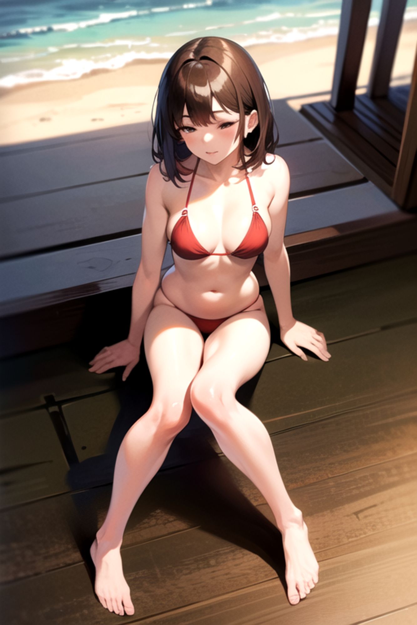 Prompt: (masterpiece), (high resolution 8K),1girl, brown hair, medium hair, brown eyes, full body, red bikini, beach,eyes closed, full body,frog-sit on the floor,from below,lie on bed
Negative prompt: Easy Negative, (worst quality:2), (low quality:2), (normal quality:2), lowers normal quality, monochrome, grayscale, missing fingers, extra fingers, extra arms, ugly face, fat, thick eyebrows, skin spots, acnes, skin blemishes, age spot,watermark, text
Steps: 20, Sampler: DPM++ 2M Karras, CFG scale: 7, Seed: 3055772233, Size: 512x768, Model hash: 7eb674963a, Model: hassakuHentaiModel_v13, VAE hash: 735e4c3a44, VAE: blessed2.vae.safetensors, Clip skip: 2, Version: v1.7.0
