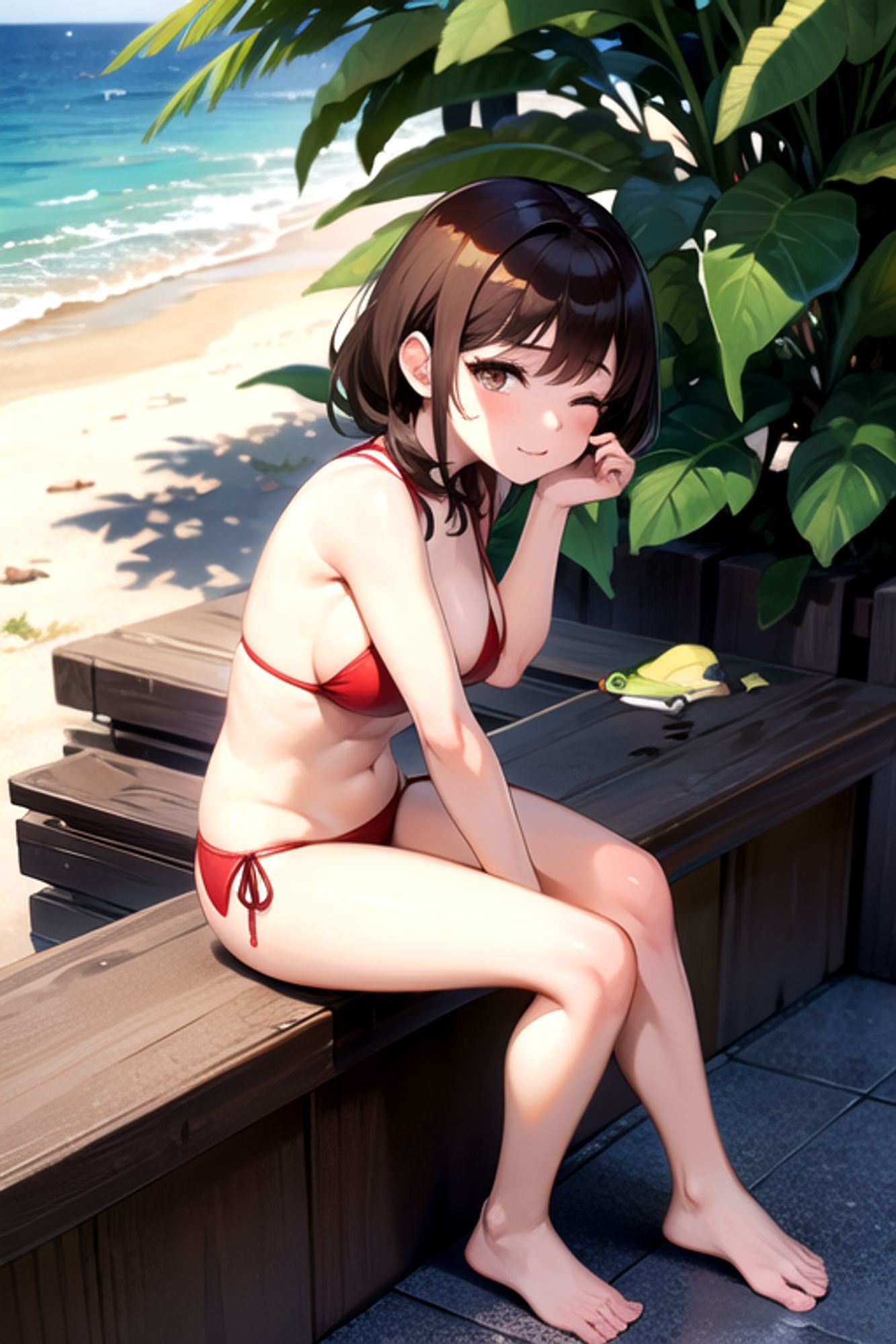 Prompt: (masterpiece), (high resolution 8K),1girl, brown hair, medium hair, brown eyes, full body, red bikini, beach,eyes closed, full body,frog-sit on the floor,from side,leaning forward
Negative prompt: Easy Negative, (worst quality:2), (low quality:2), (normal quality:2), lowers normal quality, monochrome, grayscale, missing fingers, extra fingers, extra arms, ugly face, fat, thick eyebrows, skin spots, acnes, skin blemishes, age spot,watermark, text
Steps: 20, Sampler: DPM++ 2M Karras, CFG scale: 7, Seed: 2693550224, Size: 512x768, Model hash: 7eb674963a, Model: hassakuHentaiModel_v13, VAE hash: 735e4c3a44, VAE: blessed2.vae.safetensors, Clip skip: 2, Version: v1.7.0
