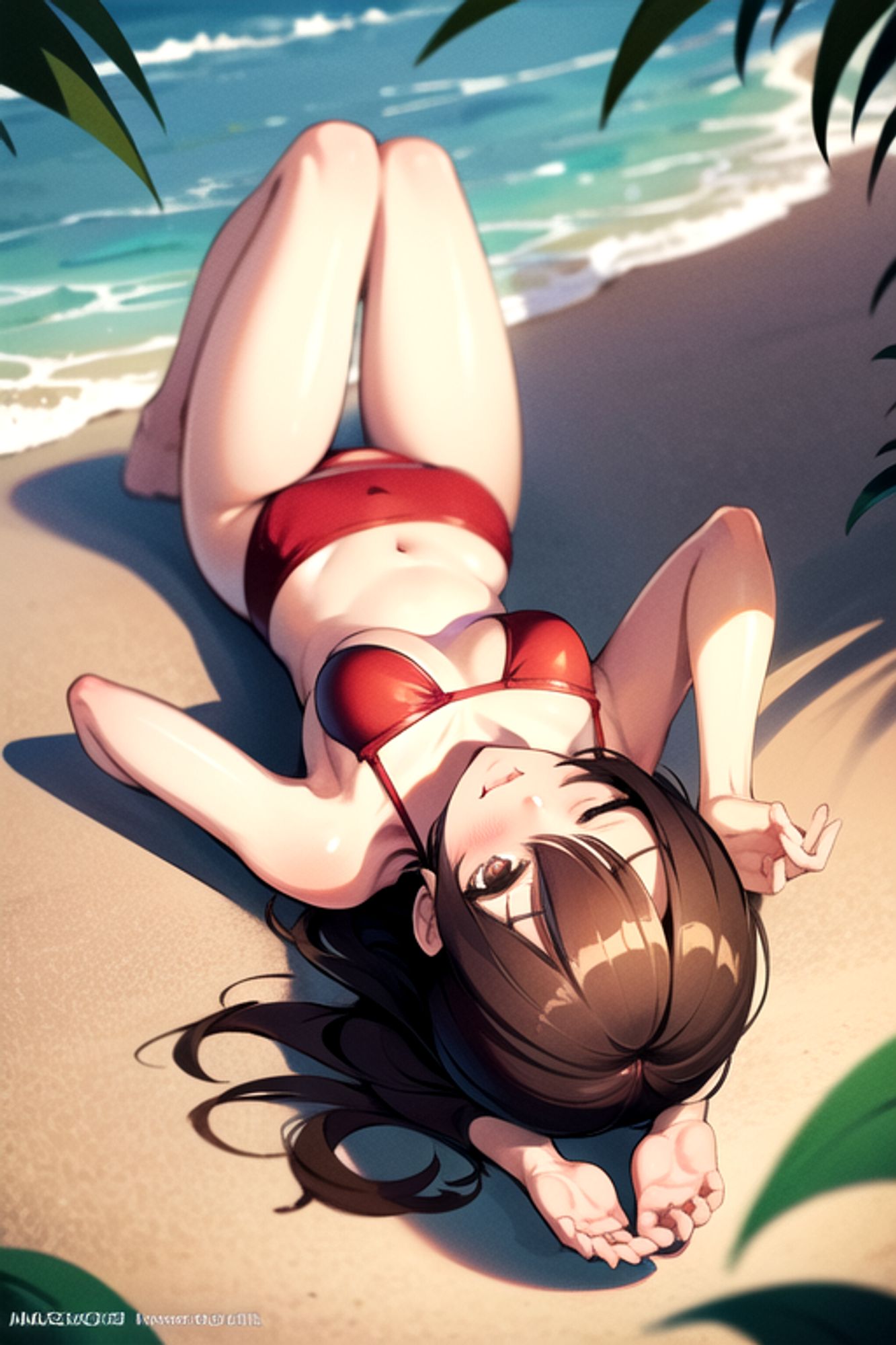 Prompt: (masterpiece), (high resolution 8K),1girl, brown hair, medium hair, brown eyes, full body, red bikini, beach,eyes closed, full body,arched back, hands on hips,from above,arched back
Negative prompt: Easy Negative, (worst quality:2), (low quality:2), (normal quality:2), lowers normal quality, monochrome, grayscale, missing fingers, extra fingers, extra arms, ugly face, fat, thick eyebrows, skin spots, acnes, skin blemishes, age spot,watermark, text
Steps: 20, Sampler: DPM++ 2M Karras, CFG scale: 7, Seed: 365705183, Size: 512x768, Model hash: 7eb674963a, Model: hassakuHentaiModel_v13, VAE hash: 735e4c3a44, VAE: blessed2.vae.safetensors, Clip skip: 2, Version: v1.7.0
