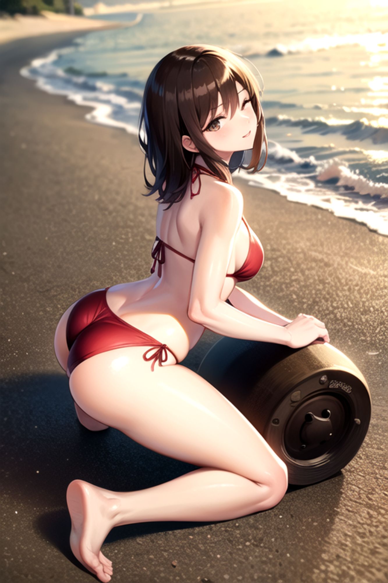 Prompt: (masterpiece), (high resolution 8K),1girl, brown hair, medium hair, brown eyes, full body, red bikini, beach,eyes closed, full body,frog-sit on the floor,from side,arched back
Negative prompt: Easy Negative, (worst quality:2), (low quality:2), (normal quality:2), lowers normal quality, monochrome, grayscale, missing fingers, extra fingers, extra arms, ugly face, fat, thick eyebrows, skin spots, acnes, skin blemishes, age spot,watermark, text
Steps: 20, Sampler: DPM++ 2M Karras, CFG scale: 7, Seed: 3595729825, Size: 512x768, Model hash: 7eb674963a, Model: hassakuHentaiModel_v13, VAE hash: 735e4c3a44, VAE: blessed2.vae.safetensors, Clip skip: 2, Version: v1.7.0
