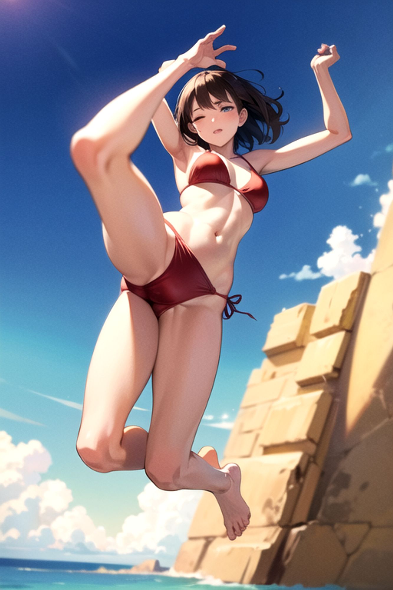 Prompt: (masterpiece), (high resolution 8K),1girl, brown hair, medium hair, brown eyes, full body, red bikini, beach,eyes closed, full body,legs up,from below,jumping
Negative prompt: Easy Negative, (worst quality:2), (low quality:2), (normal quality:2), lowers normal quality, monochrome, grayscale, missing fingers, extra fingers, extra arms, ugly face, fat, thick eyebrows, skin spots, acnes, skin blemishes, age spot,watermark, text
Steps: 20, Sampler: DPM++ 2M Karras, CFG scale: 7, Seed: 1494592145, Size: 512x768, Model hash: 7eb674963a, Model: hassakuHentaiModel_v13, VAE hash: 735e4c3a44, VAE: blessed2.vae.safetensors, Clip skip: 2, Version: v1.7.0
