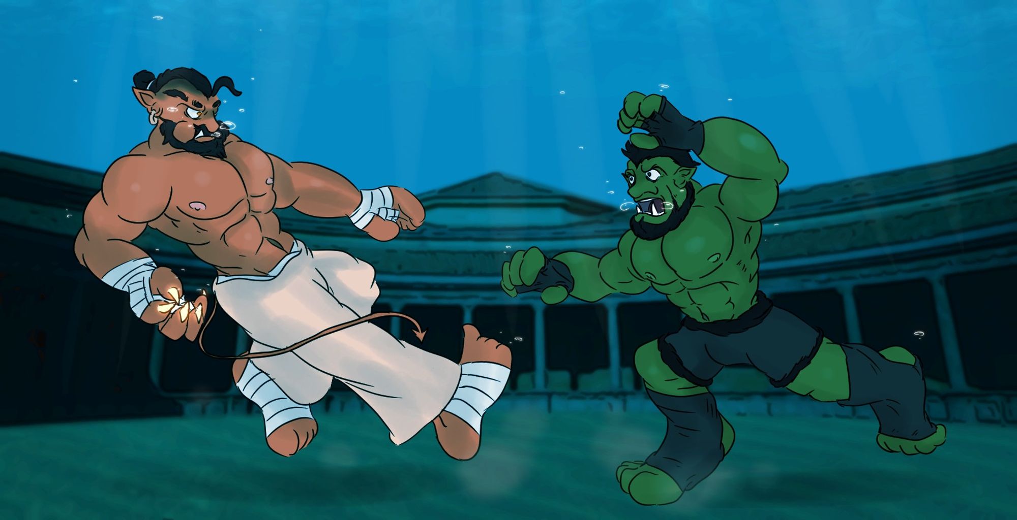 two large muscular males engaging in combat below the waves in a sunken arena of sorts.
To the right is Brokul, an orc ranger lunging forward for a grab, as is his grappling want.
To the left is Valdero, a half-demon monk hopping backwards to try and avoid the oncoming bearhug as he prepares a burning claw attack as a possible counter.

Neither seem particulerly bothered by where they are, mostly taking it as an extra bit of challenge in their bout.