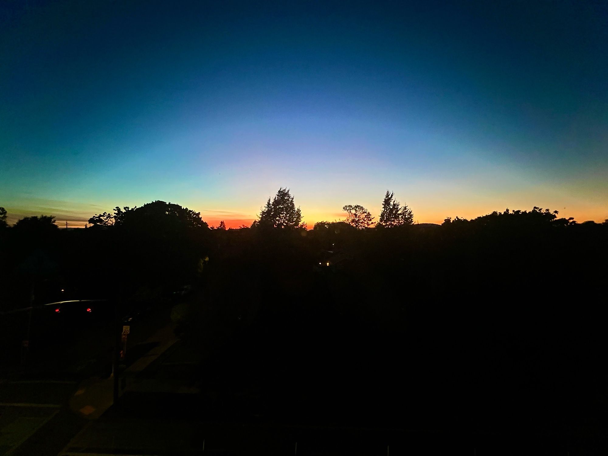 High contrast photo of horizon at sunrise: black silhouettes of trees against a sky with arcs of orange and pink fading to dark blue