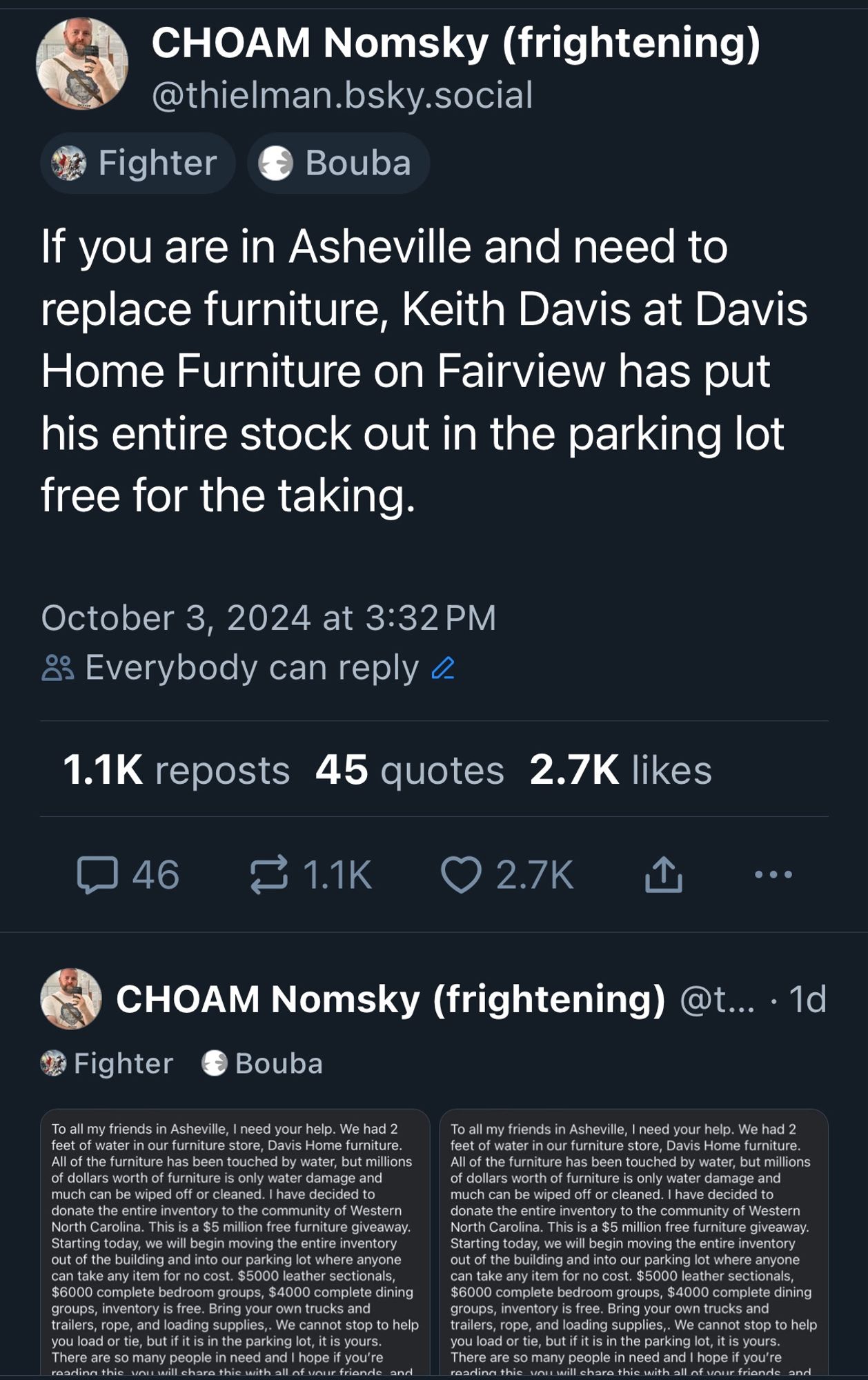 If you are in Asheville and need to replace furniture, Keith Davis at Davis Home Furniture on Fairview has put his entire stock out in the parking lot free for the taking.