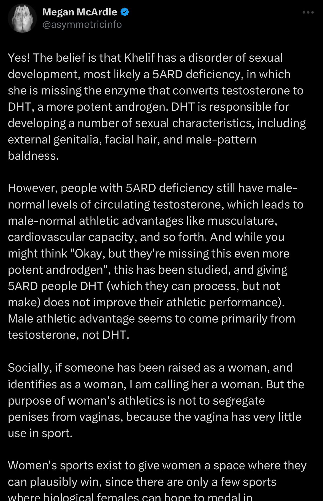 [wall of text by Megan McArdle recapping all the crazy shit she’s read about hormones on patriots dot biz or whereeverthefuck]