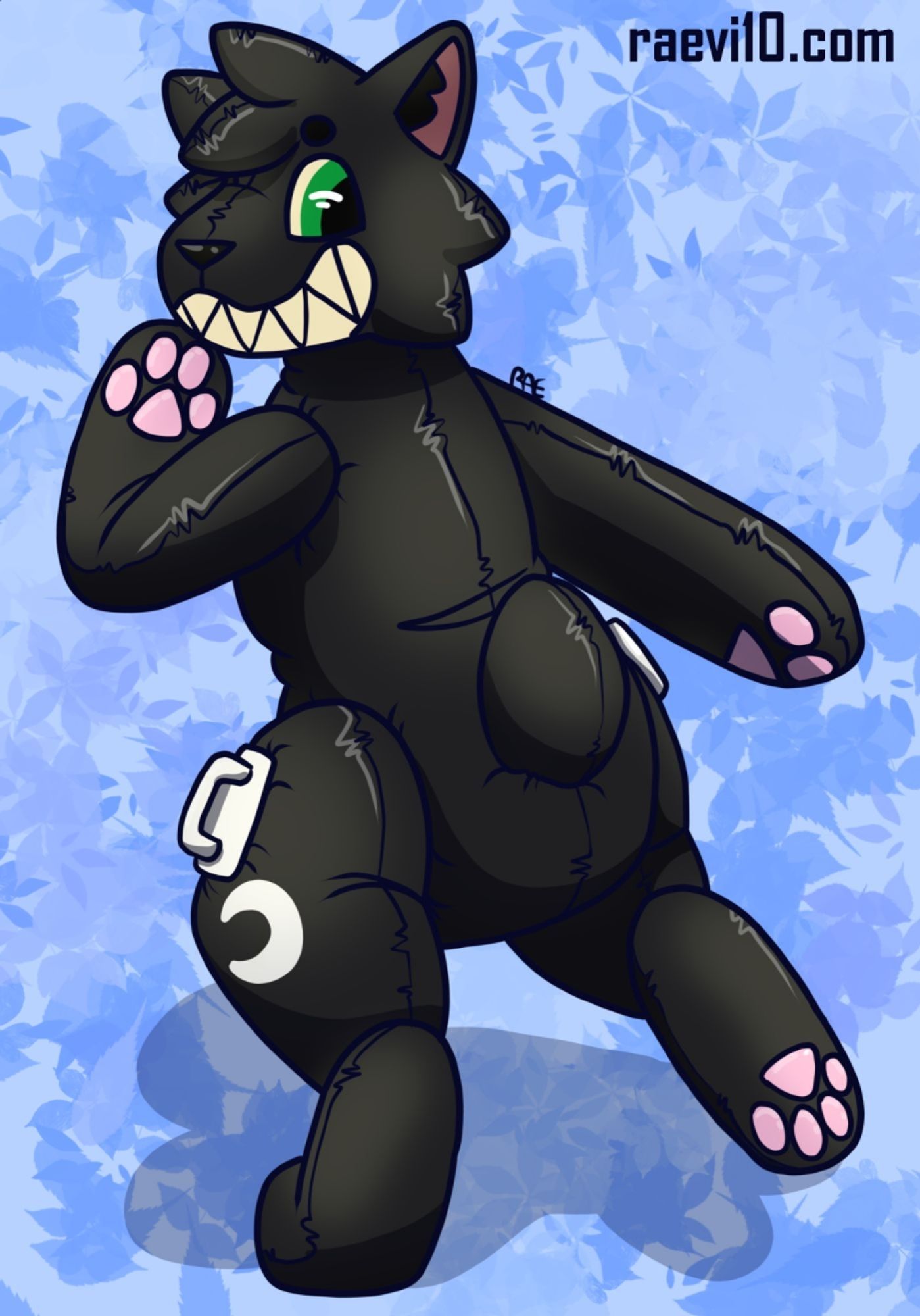 a black anthro house cat as a pool toy they have big mitty paws a nubtail and white handles on their hips green eyes a big toothy grin and a crescent moon mark on one hip