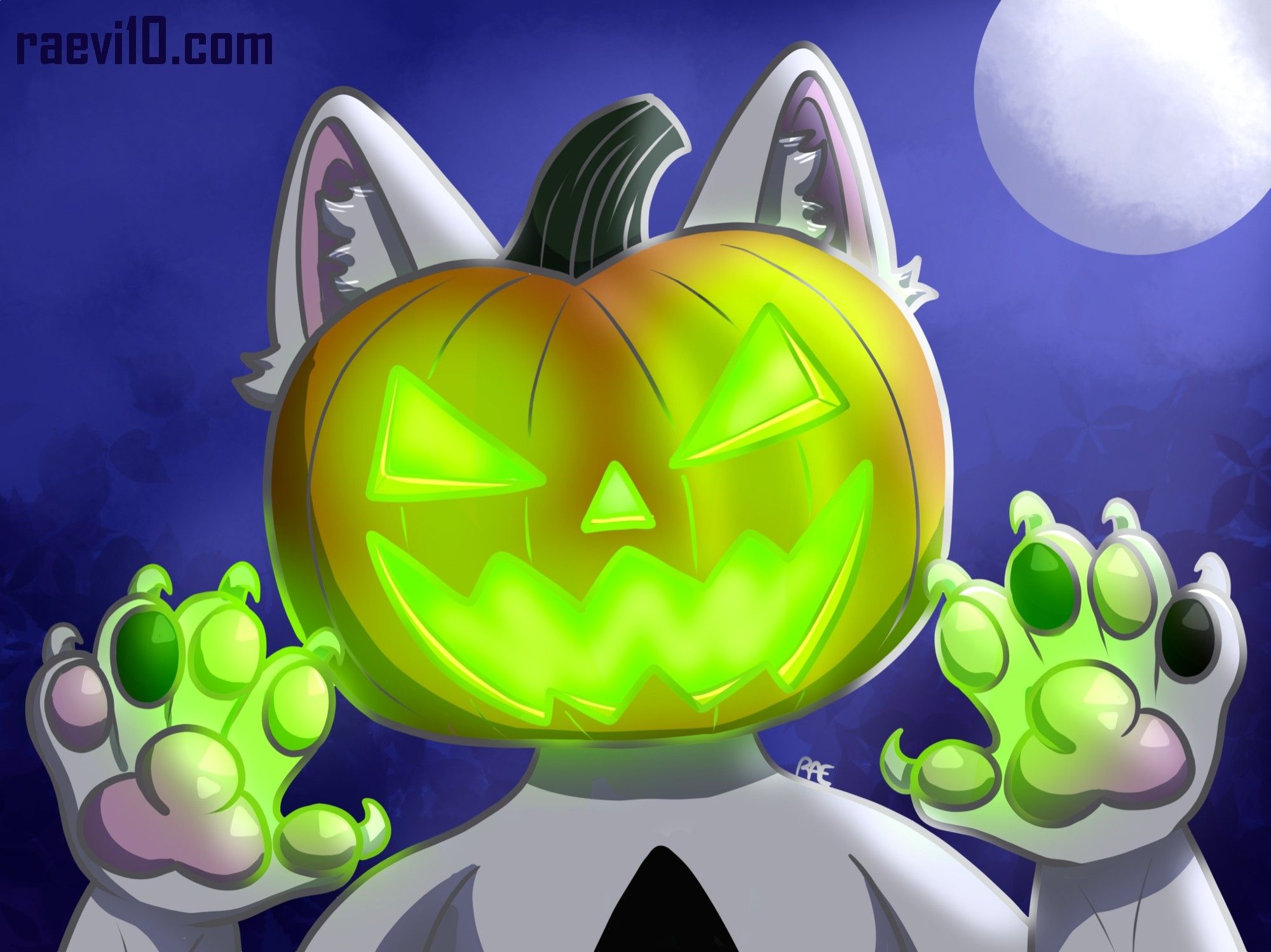 a white anthro cat with some black ball pads and a black spot on his chest wearing a glowing pumpkin on his head He's holding his paws up and the pumpkin is glowing a lime green