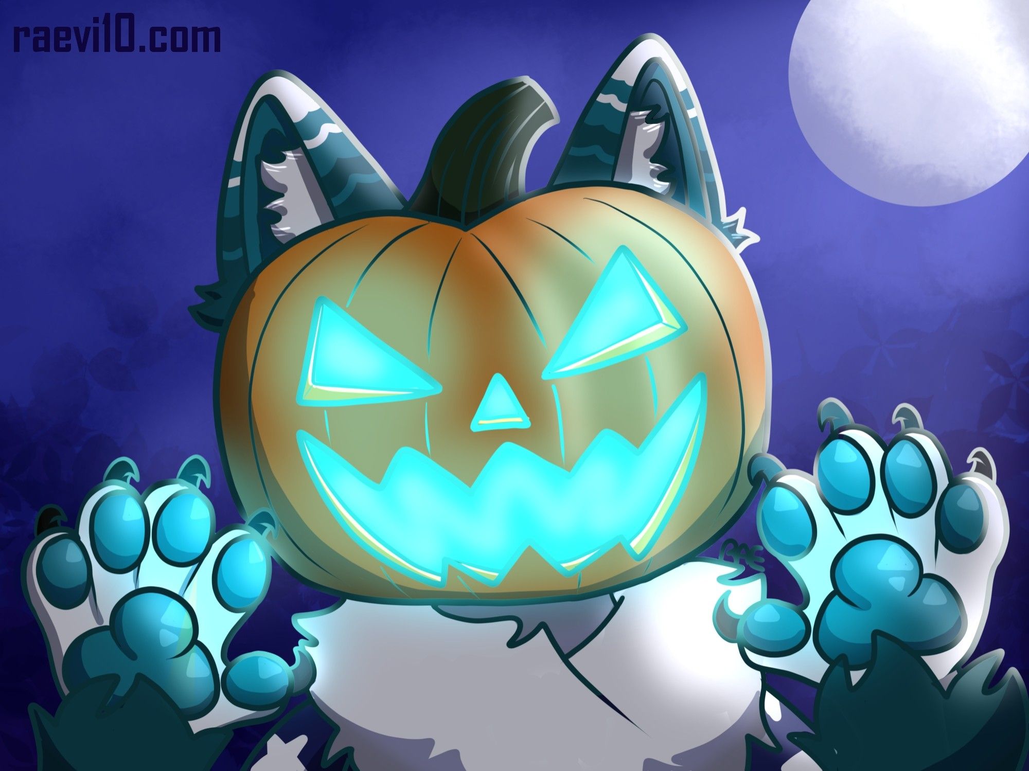 an anthro Maine Coon cat holding up their paws with a pumpkin on their head they are a dark blue with white markings and dark teal markings and the pumpkin is glowing a bright cyan