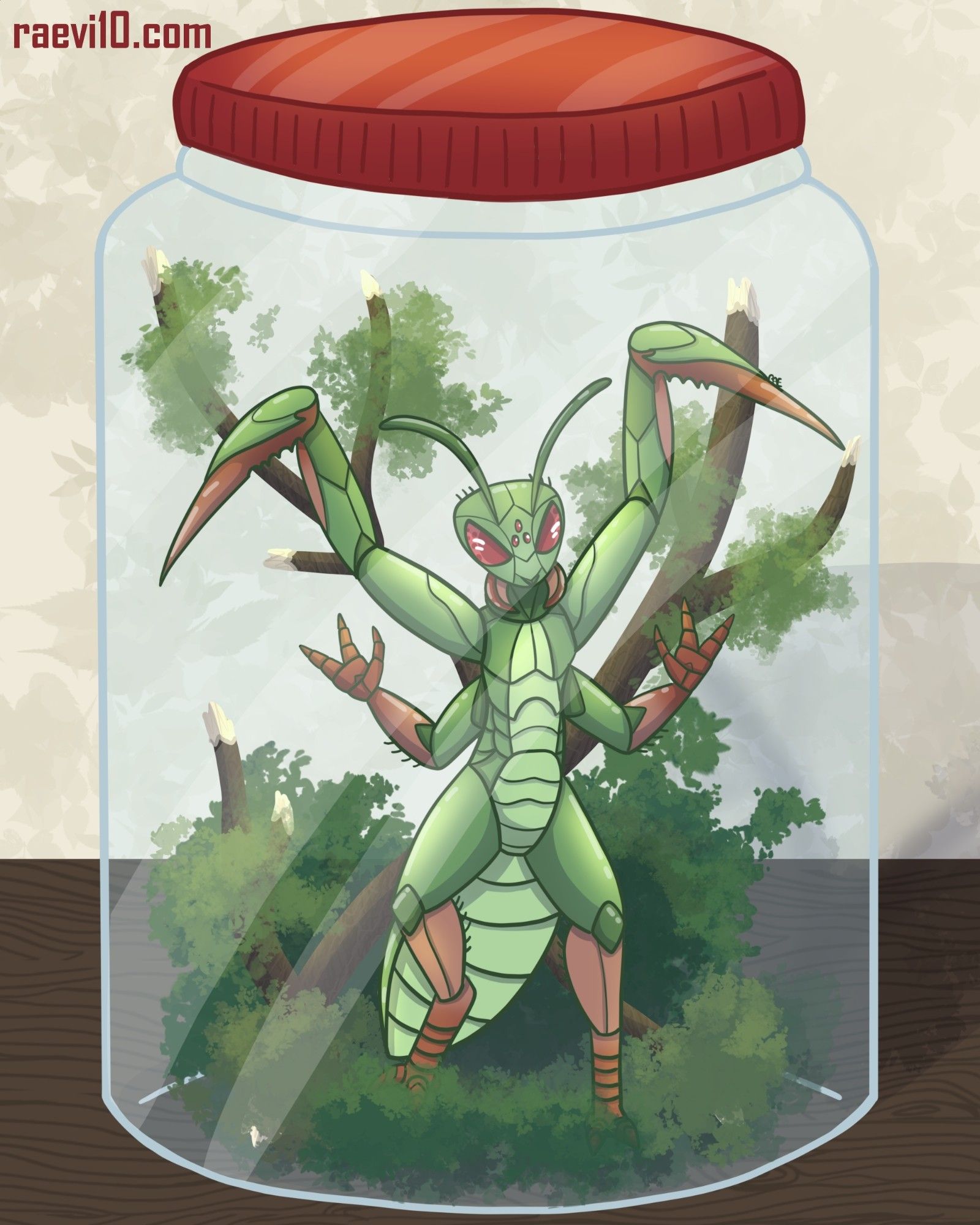 an anthrobug that is like a mantis trapped in a jar the bug is green in color with oranges accents and red eyes and in the jar is a bunch of twigs and shrubbery the bug seemed upset