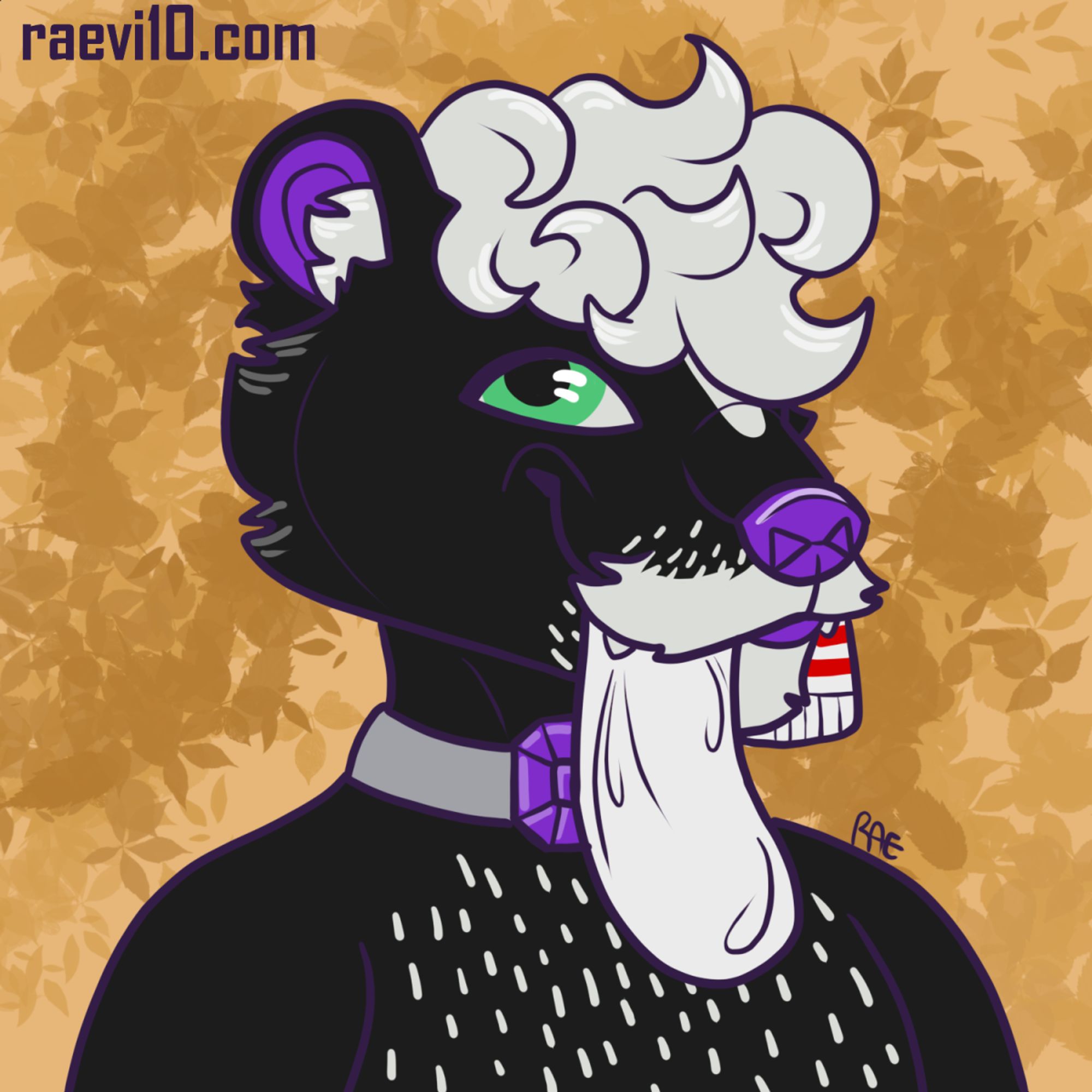 A bust of a black anthro striped skunk, he has white hair and a white moustache along with white stubble on his chin and chest, hes wearing a choker with a purple gem in the middle of it and has a matching purple nose, and green eyes, hes looking smugly while holding a sock in his mouth