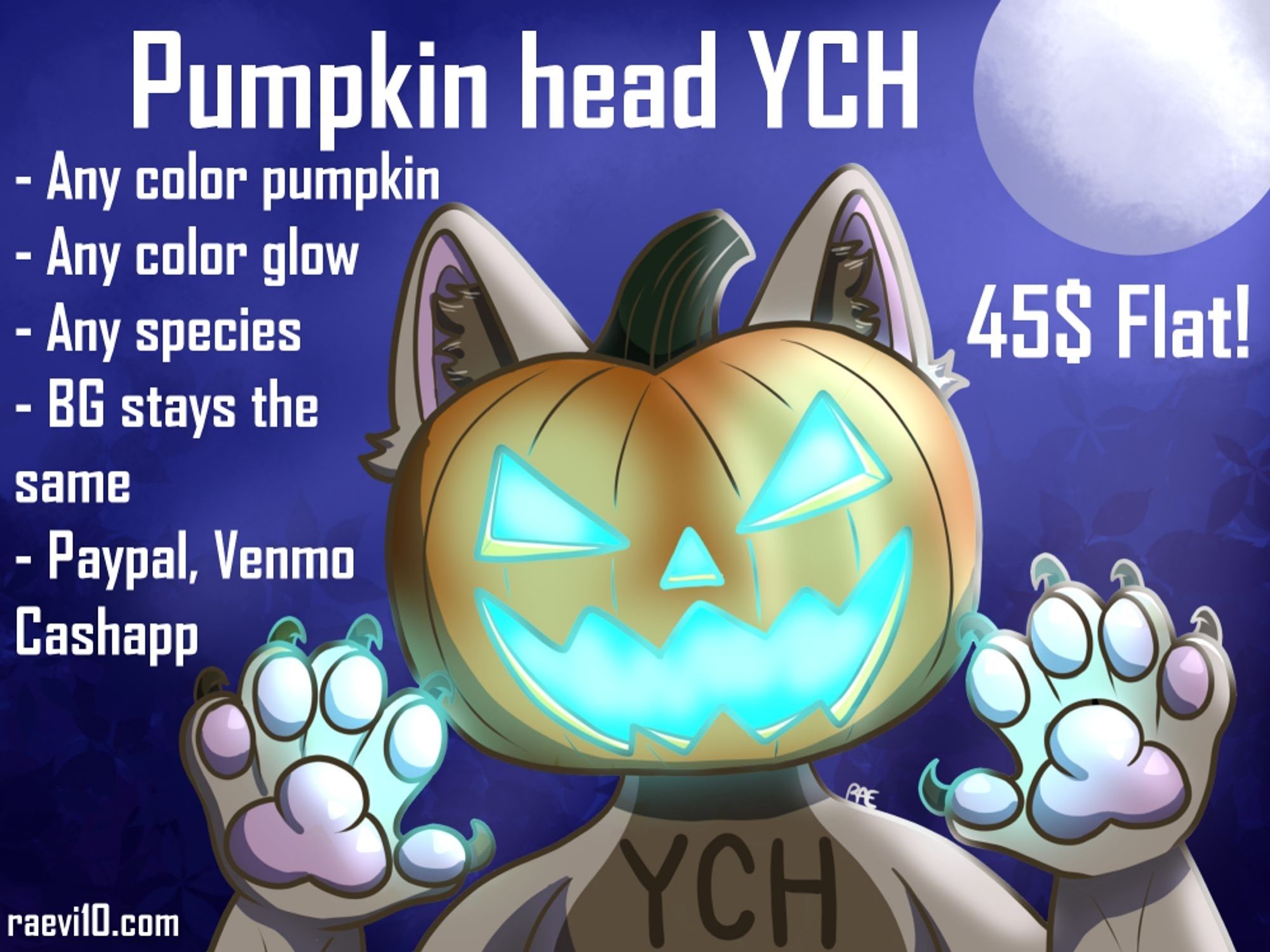 and Astro brown canine with a pumpkin on its head that's carved and glowing a bright teal color it's a Halloween furry YCH for $45 flat