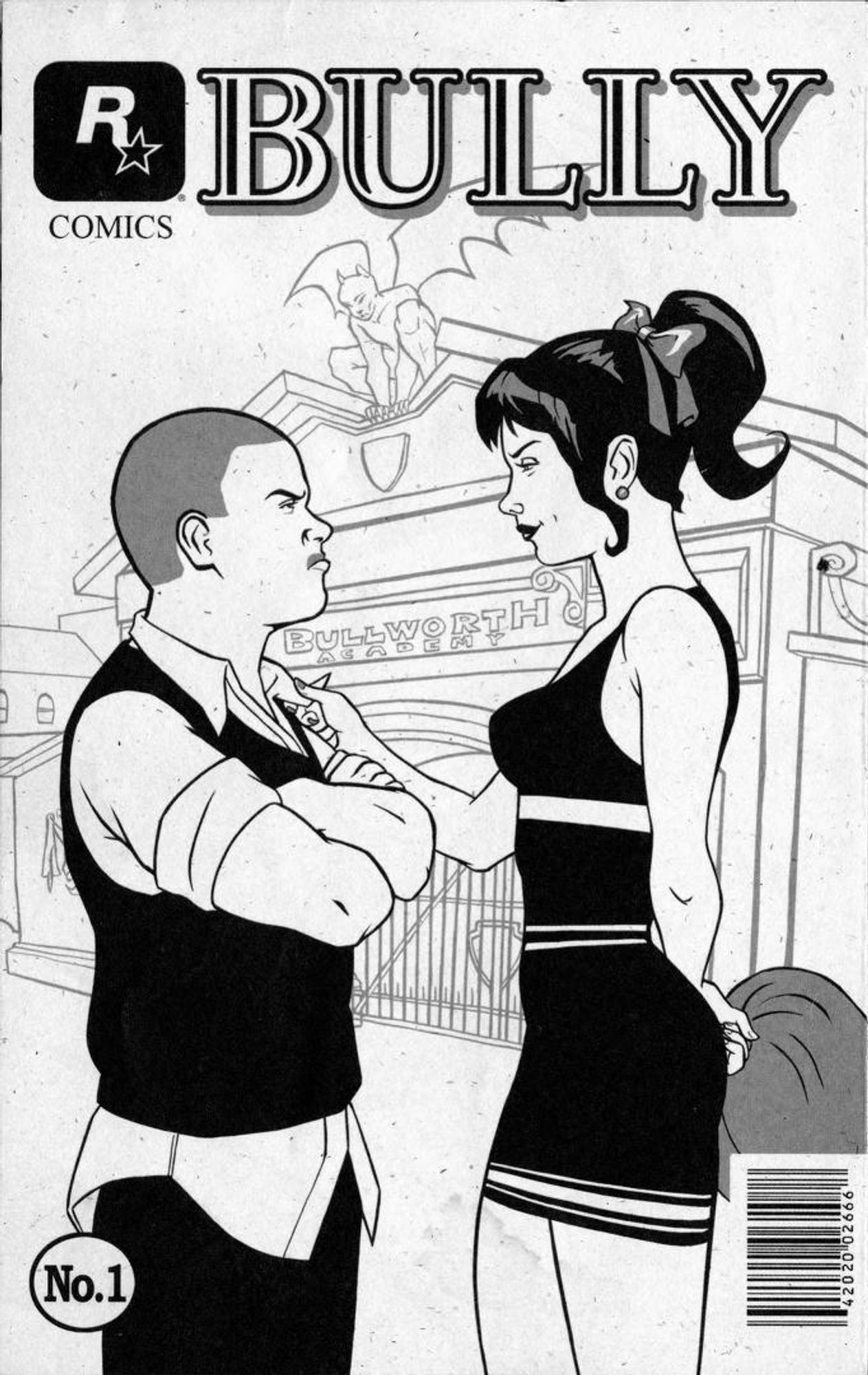 The image is a black and white illustration for the cover of a comic book titled "Bully." The cover art depicts two characters, a male and a female, standing face-to-face in a confrontational pose. The male character has a muscular build, a shaved head, and is wearing a sleeveless shirt and slacks, suggesting a tough or rebellious persona. The female character is dressed in a form-fitting outfit that resembles a school uniform, with a skirt and a sleeveless top, and her hair is styled with a ponytail.

In the background, there is a figure that appears to be a statue of a gargoyle perched on the edge of a building, which may imply a school setting, as the text "Bullworth Academy" can be seen below the characters. This, along with the school-themed attire of the characters, suggests that the story takes place in a school environment.

The logo in the top left corner features a stylized "R" with a star, which is recognizable as the logo of Rockstar Games.