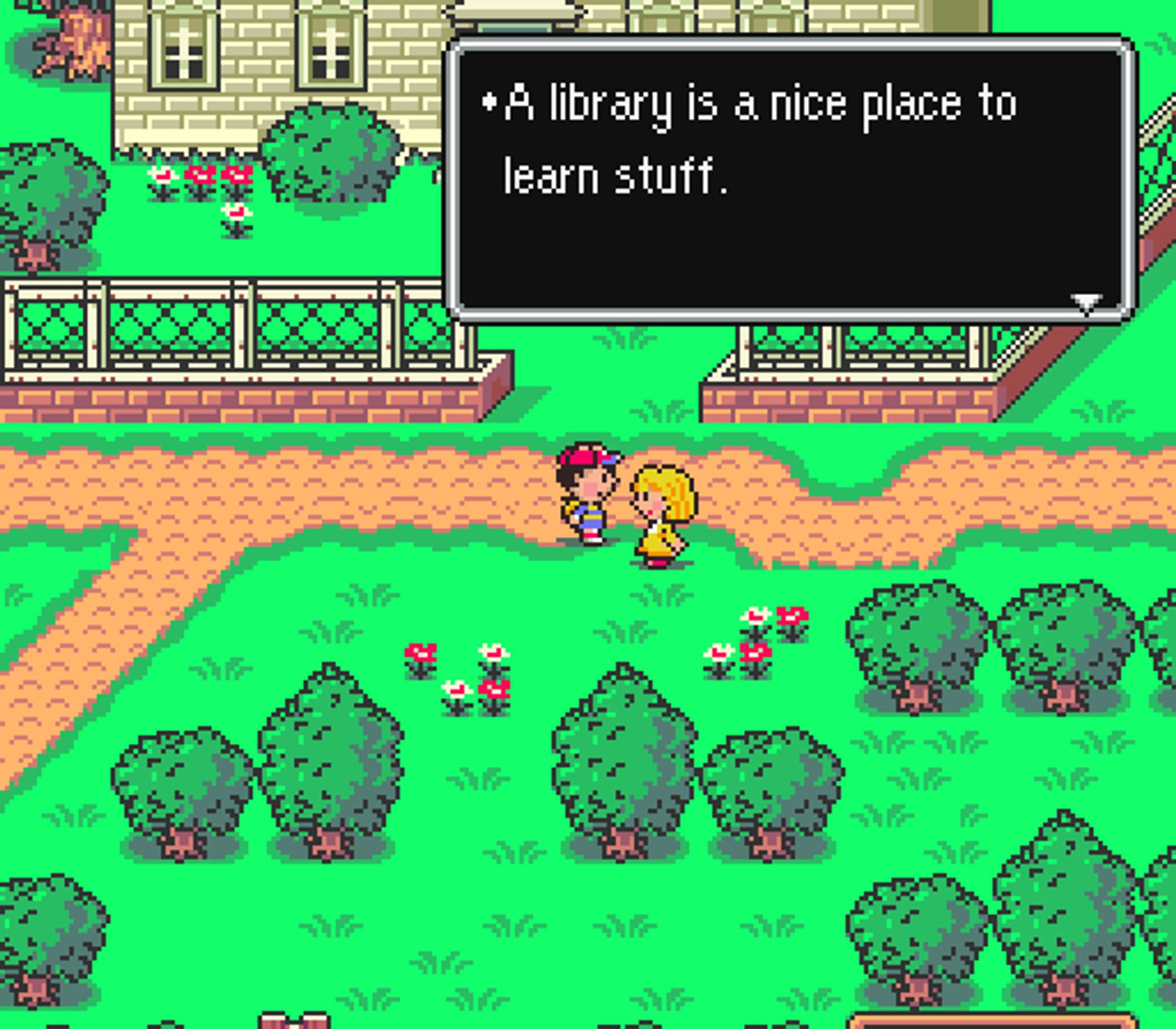 A screenshot from Earthbound. Ness talks to a girl near some trees just outside of the Onett Public Library. A dialogue box reads "A library is a nice place to learn stuff".