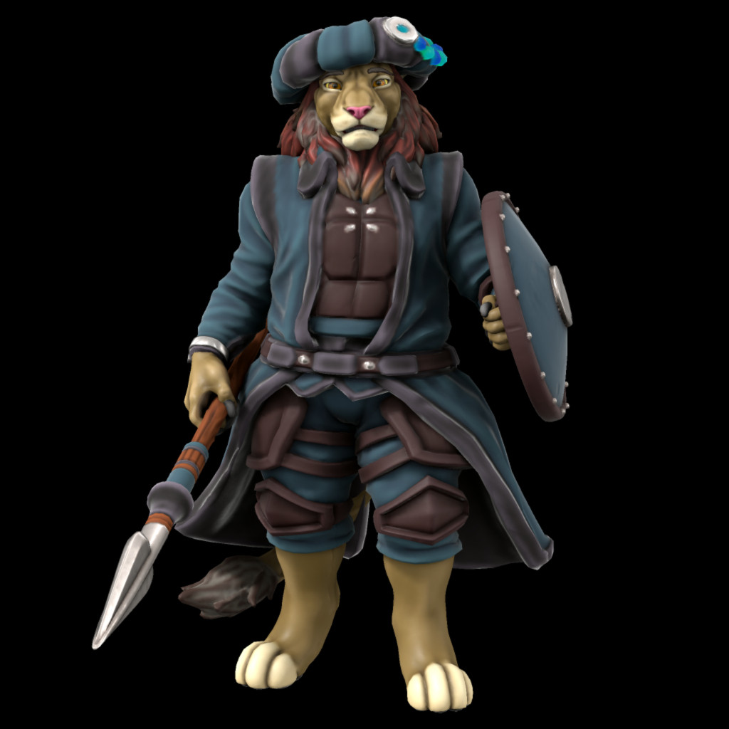 a lion character designed as a model for one in an active writing work: minimal color palette (mostly dark teal and brown with lighter accents); realistic color scheme (faded and mostly uniform in design); outfit is mostly appropriate for the job (mercenary so brown mostly equates to armor).