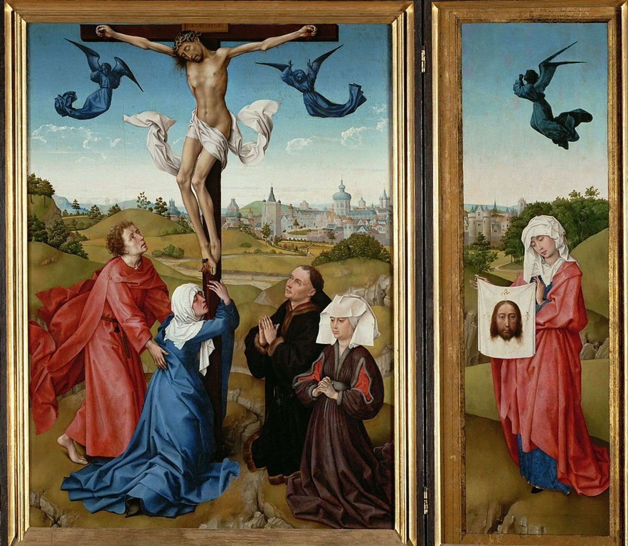 Ausschnitt von "Kreuzigungstriptychon" von Rogier van der Weyden. Auf der Mitteltafel des Triptychons befindet sich inmitten einer Landschaft, an deren Horizont Jerusalem zu erkennen ist, der verstorbene Jesus am Kreuz. Auf der rechten Flügelseite steht die heilige Veronika mit dem Schweißtuch, auf dem sich das Abbild Jesu zeigt