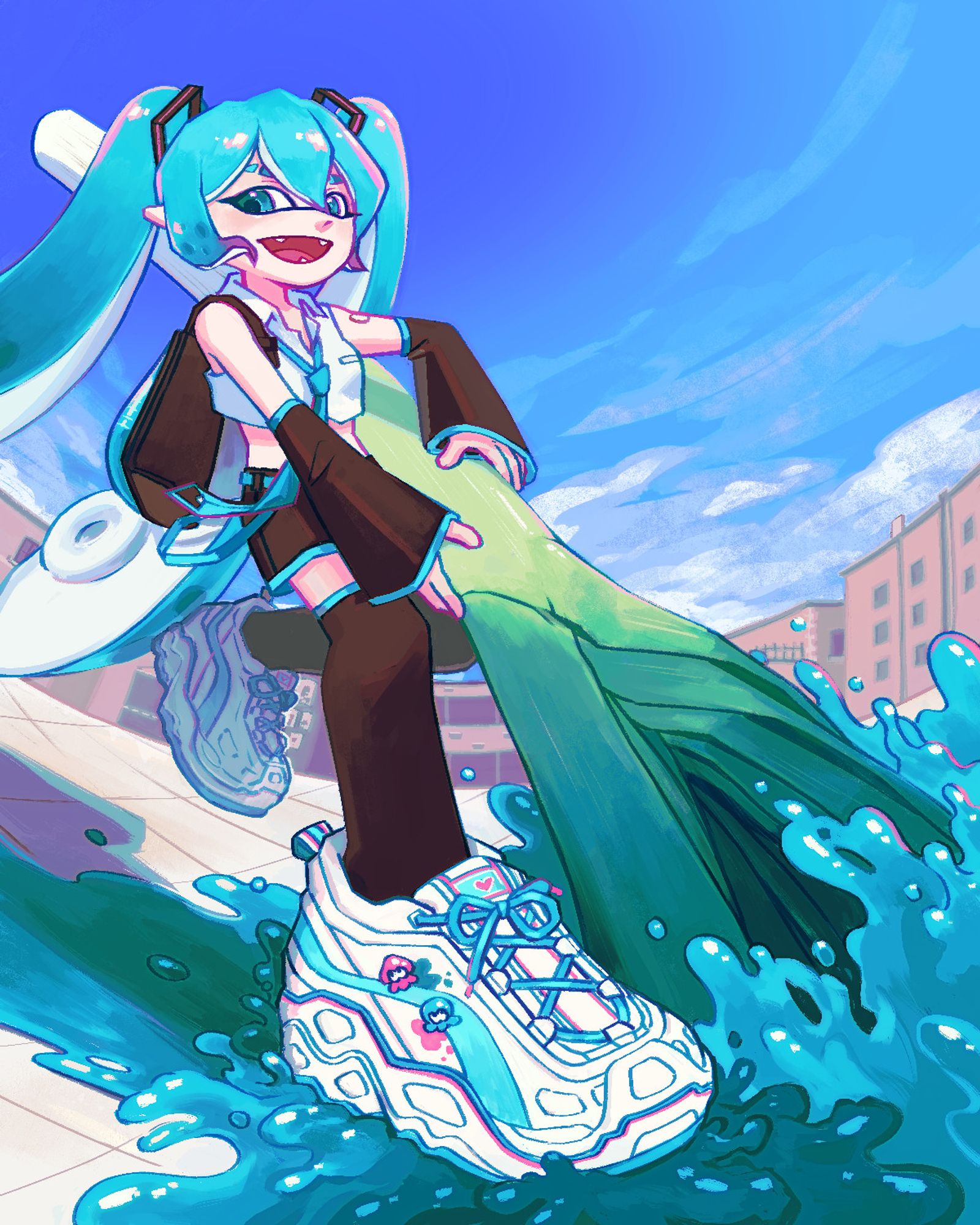 hatsune miku as an inkling with a leek paintbrush and nice kicks