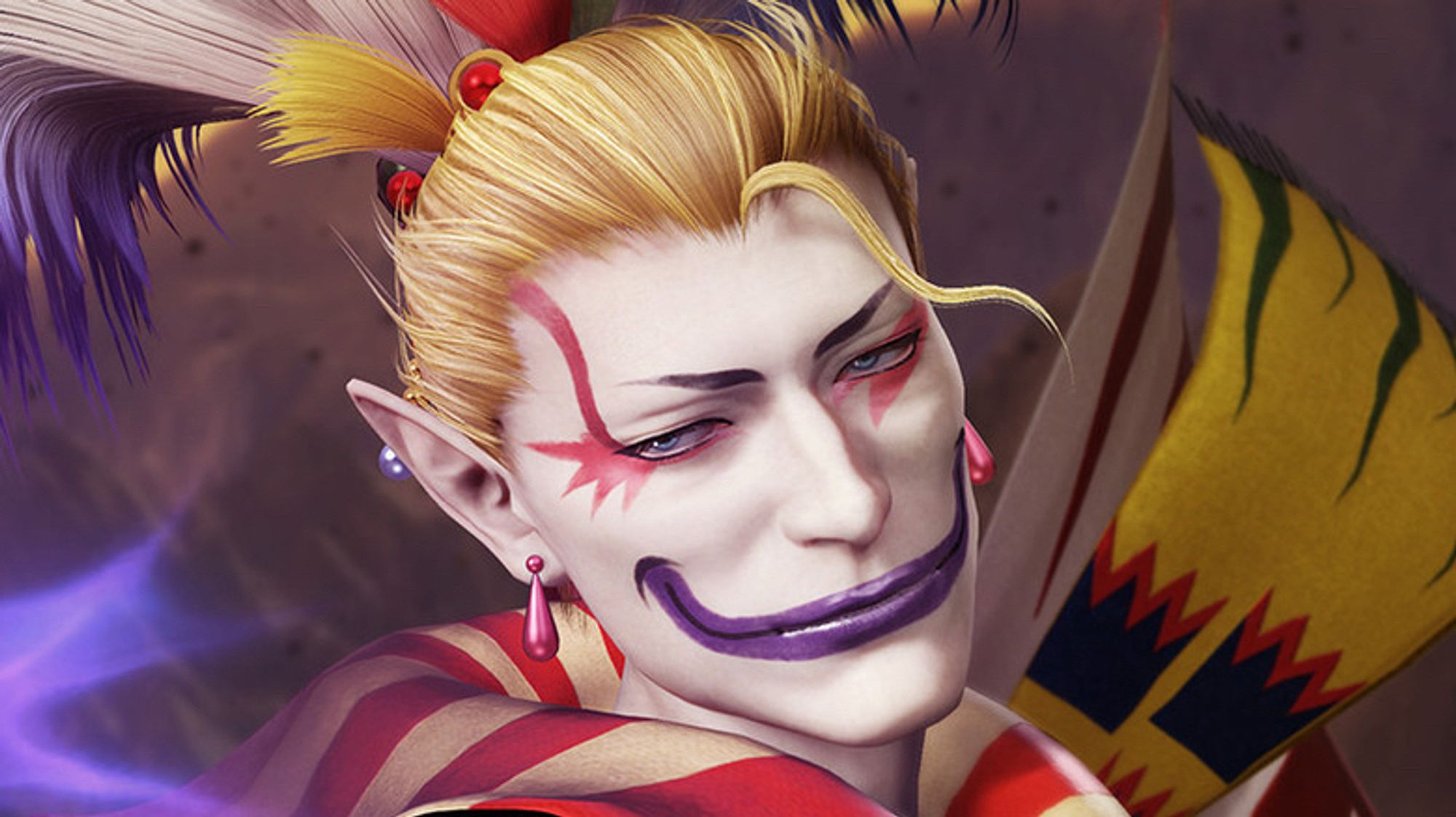 Kefka Palazzo as he appears in “Dissidia NT.” He has white skin, blonde hair pulled into a ponytail (and adorned with some impressive feathers), pointed ears, and distinctive clown-like facial markings. His lips are purple and accentuated with an unnaturally wide smile, and his eyes are surrounded with asymmetrical red designs. He wears pink earrings and a multicolored, slightly ridiculous outfit (only the red and yellow collar of which can be seen). He looks extremely unamused.