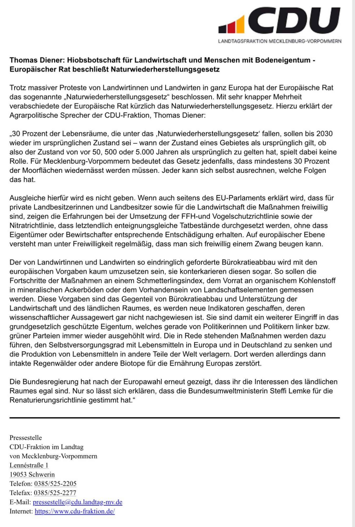 Screenshot der Pressemitteilung der CDU MV zum Restoration Law. Geklaut vom Twitterprofil von ThomasDiener, agrarpolitischer Sprecher der CDU MV. Die PM enthält lauter Falschaussagen und halbwahrheiten.