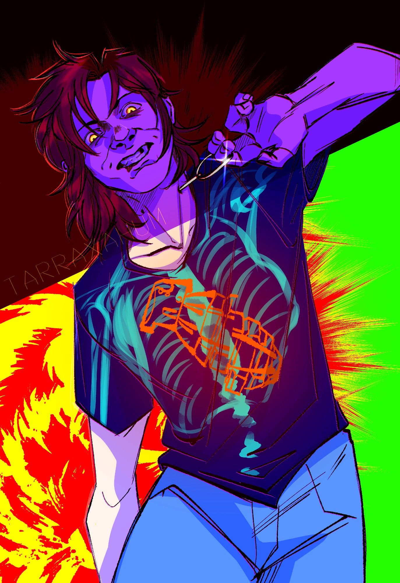 A bright colored art of Lyoka, a scrawny young white woman with choppy magenta hair past her shoulders and amber, or rather bright yellow here, eyes. She's pulling a grenade pin out of her neck. There's an x-ray of lungs overlayed with an image of a grenade drawn on her shirt. Her eyes are glowing in the shadow and her expression is somewhat manic, teeth bared.