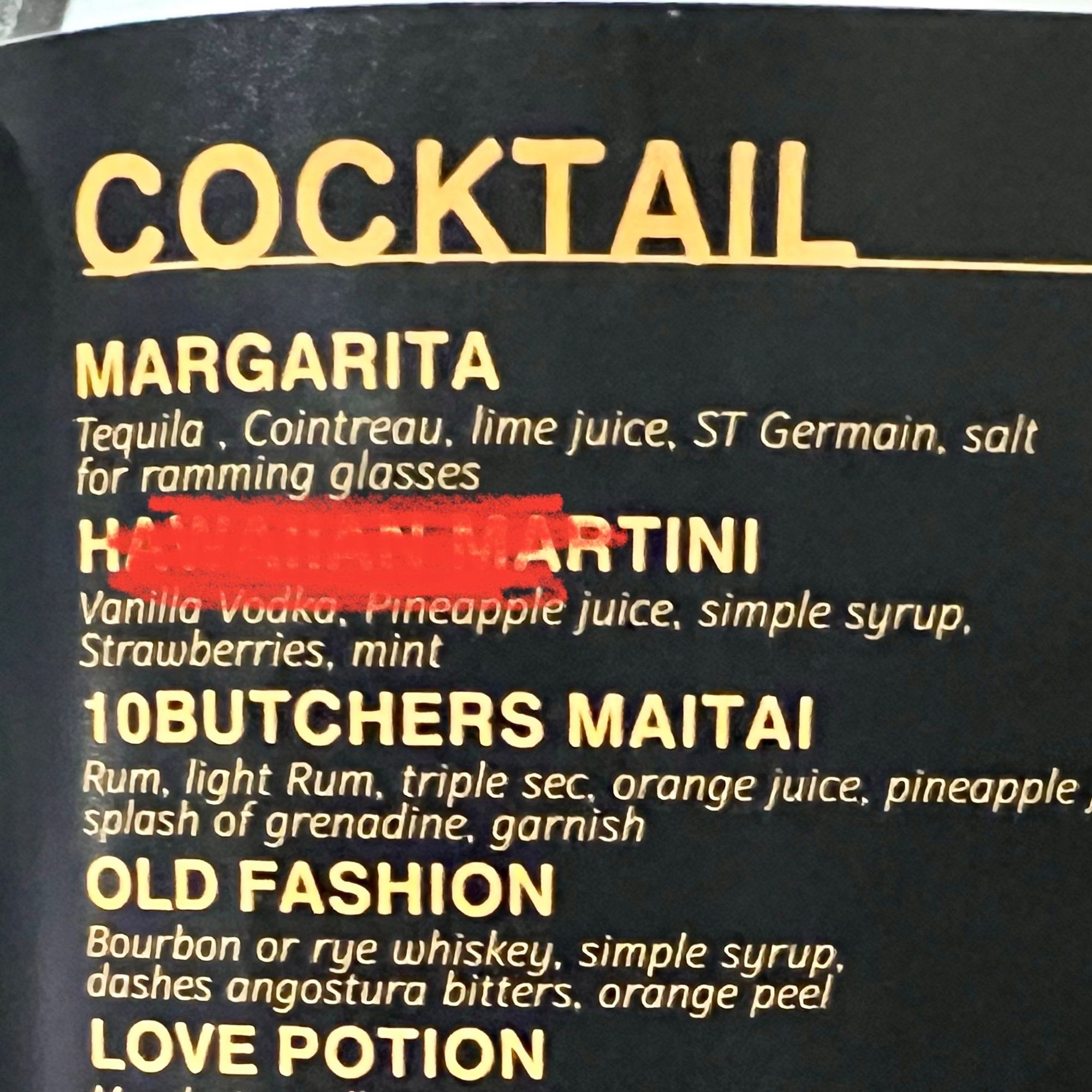 A cocktail menu with a Margarita description underlines that says “Margarita - Tequila, Cointreau, lime juice, Saint Germain, salt for RAMMING glasses”