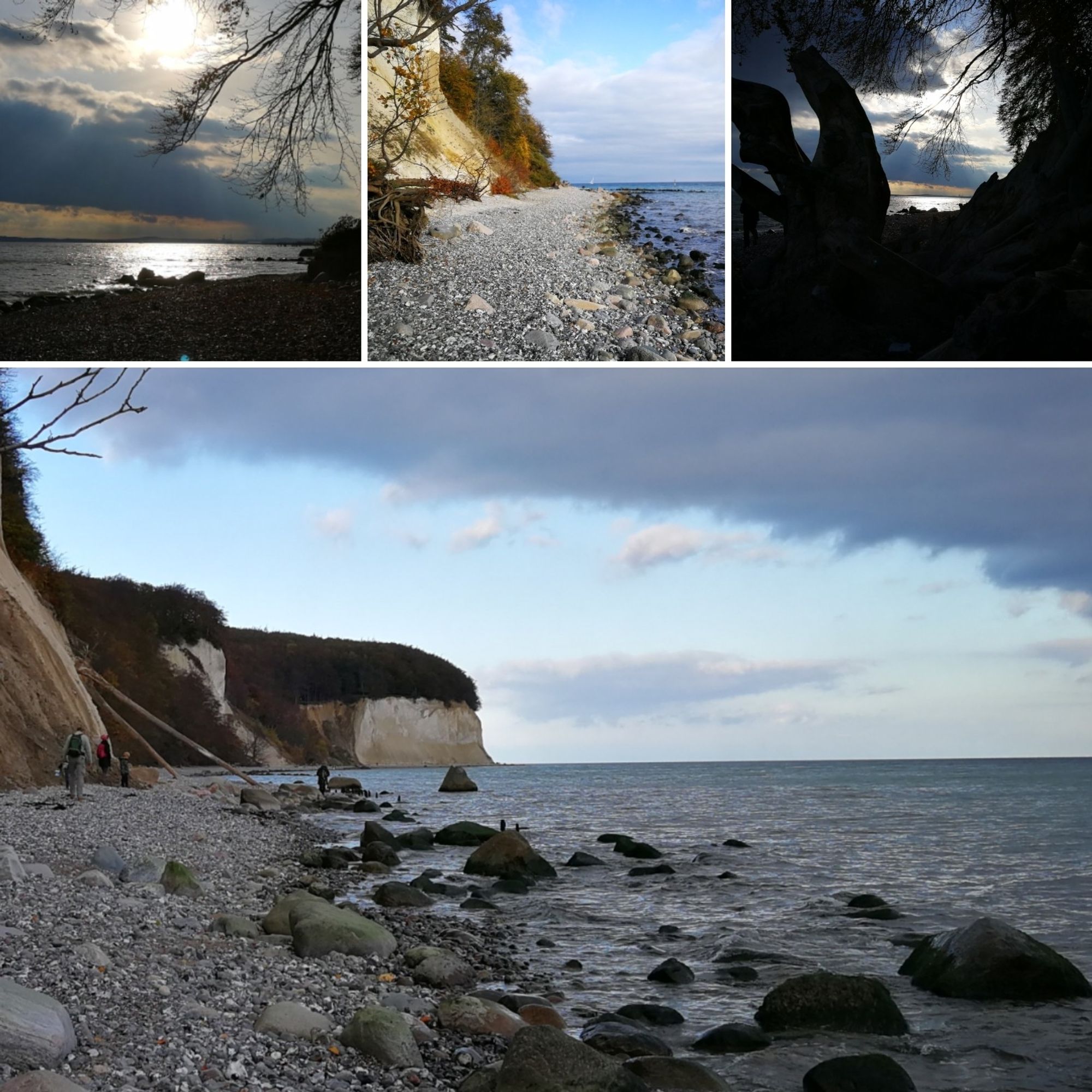 Collage aus Fotos von einem Spaziergang an der Steilküste auf Rügen im Herbst, Kreidefelsen, Meer, Wolken, Sonne