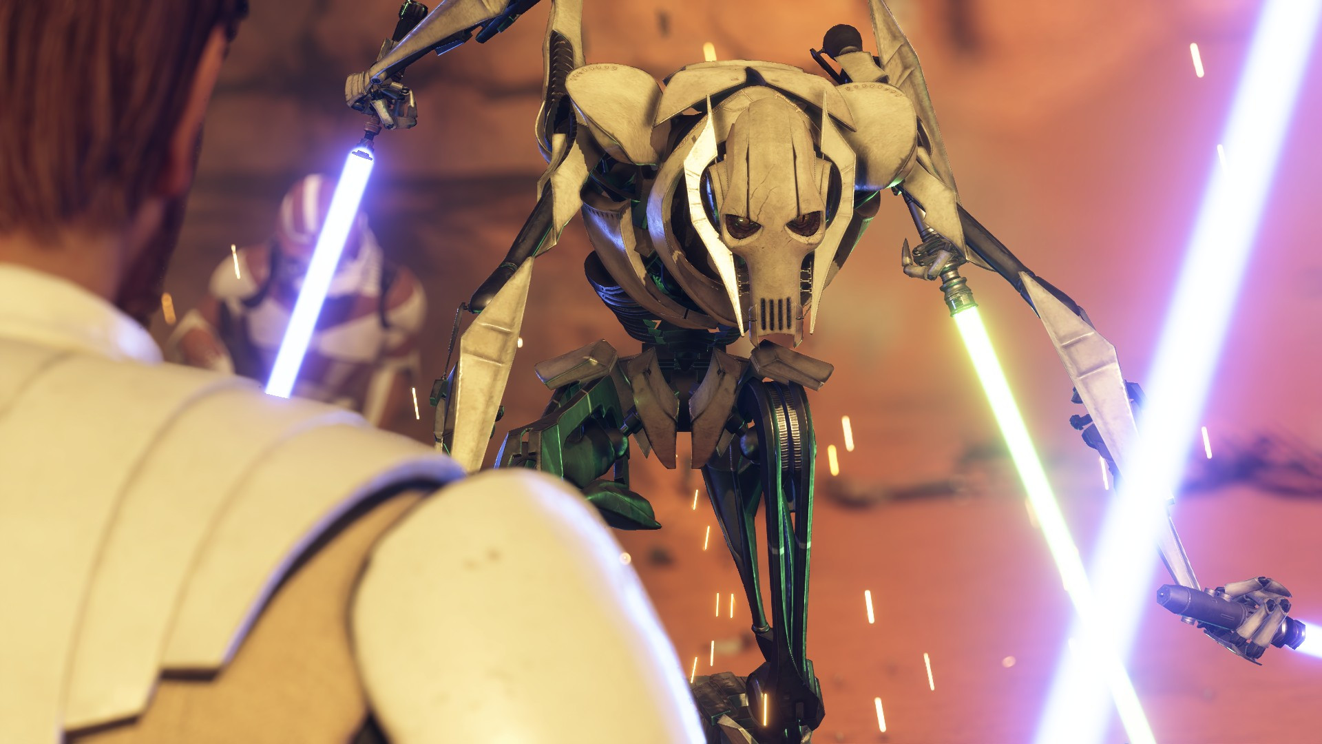 Obi-Wan Kenobi facing off against General Grievous on Geonosis