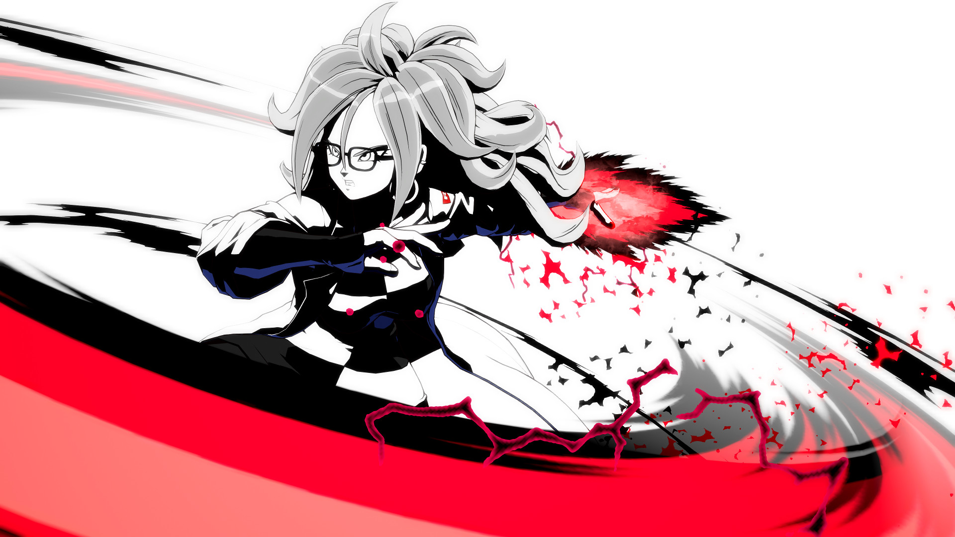 black and white Android 21 attacking against a white background