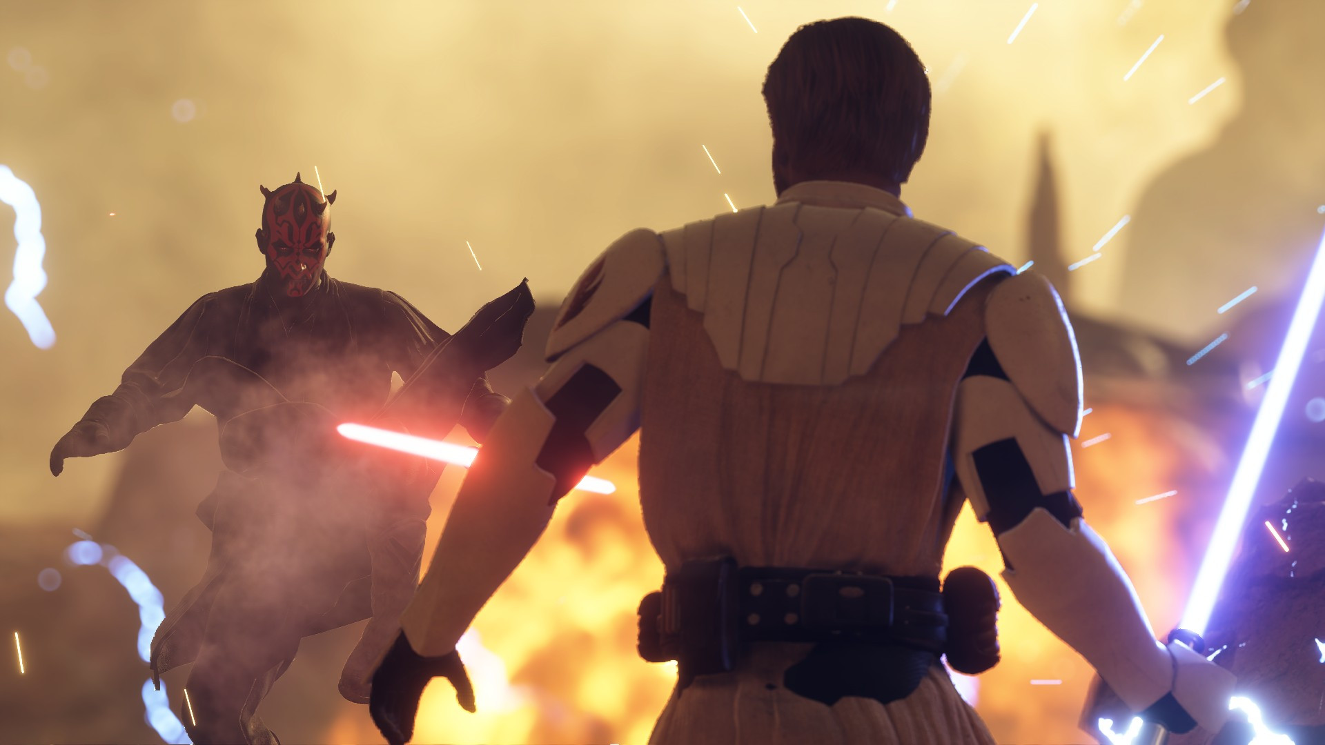 Obi-Wan Kenobi facing off against Darth Maul on Geonosis