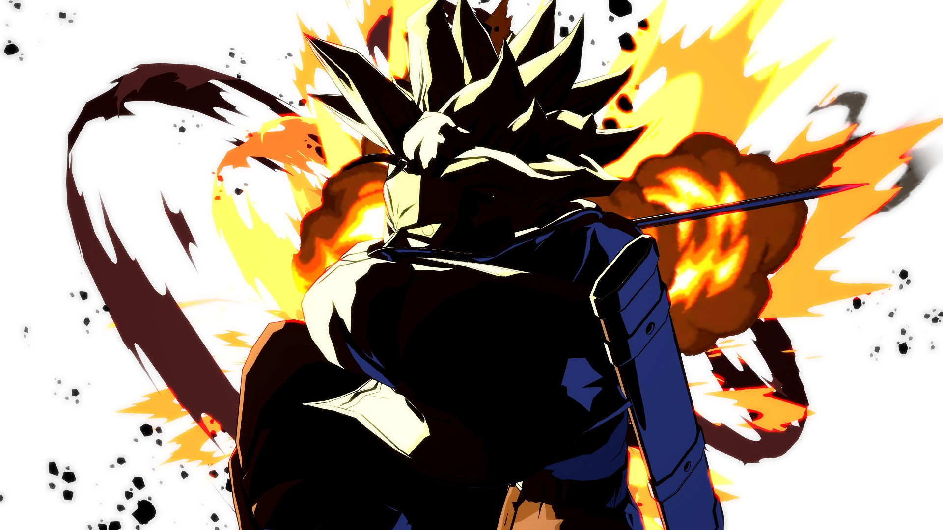 Trunks in front of an explosion against a white background