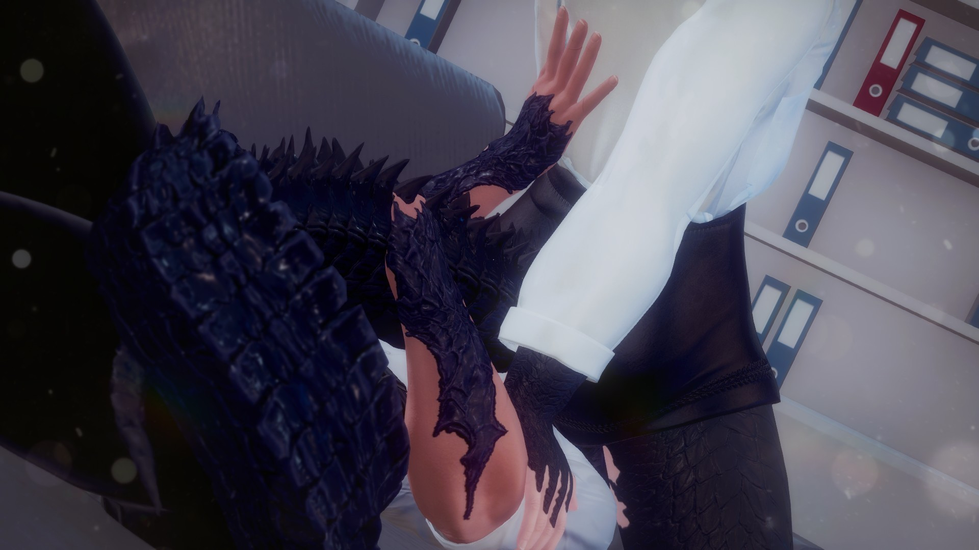 Dorgono sits upon a grey couch in a modern-looking room, dressed in a partially transparent snow white button-up shirt and an opaque black pencil skirt. Beneath her, Zaya Dalamiq lays on her back, her face obscured by Dorgono's skirt as her arms reach out to support Dorgono's back and tail.