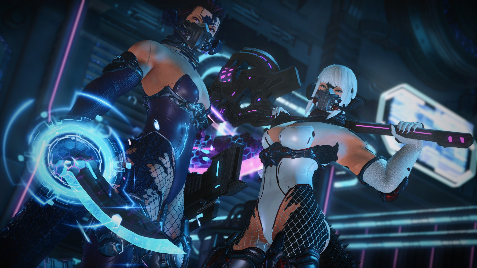 Zaya Yuuno-Dalamiq and Dorgono Qerel stand within the interior of an Alexandrian Research Facility (Origenics), dressed in cybernetic outfits reminiscent of bunny suits and wielding Mandervillous variants of their main weapons. Both women look down toward the camera as if they have cornered the viewer.