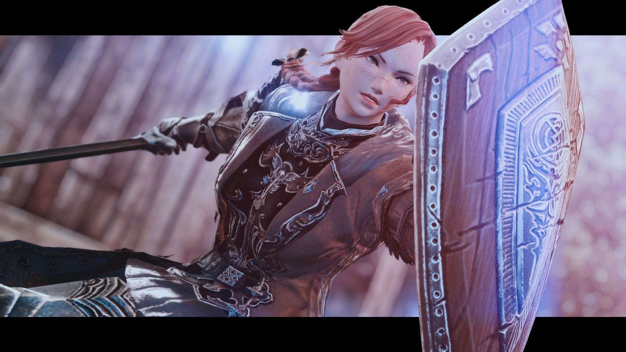 Kyva O'Riain raises her Cryptlurker's Kite Shield before her, taking a defensive position as her long red-orange hair -- tied into a long braid -- flows through the air behind her.