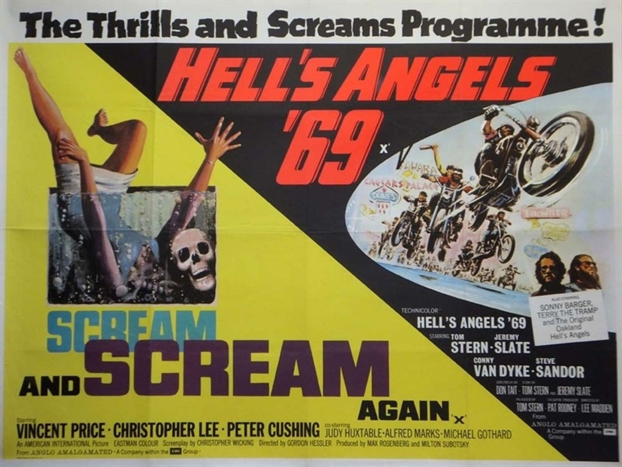 UK movie poster for double-bill ofScream and Scream Again and Hell's Angels '69