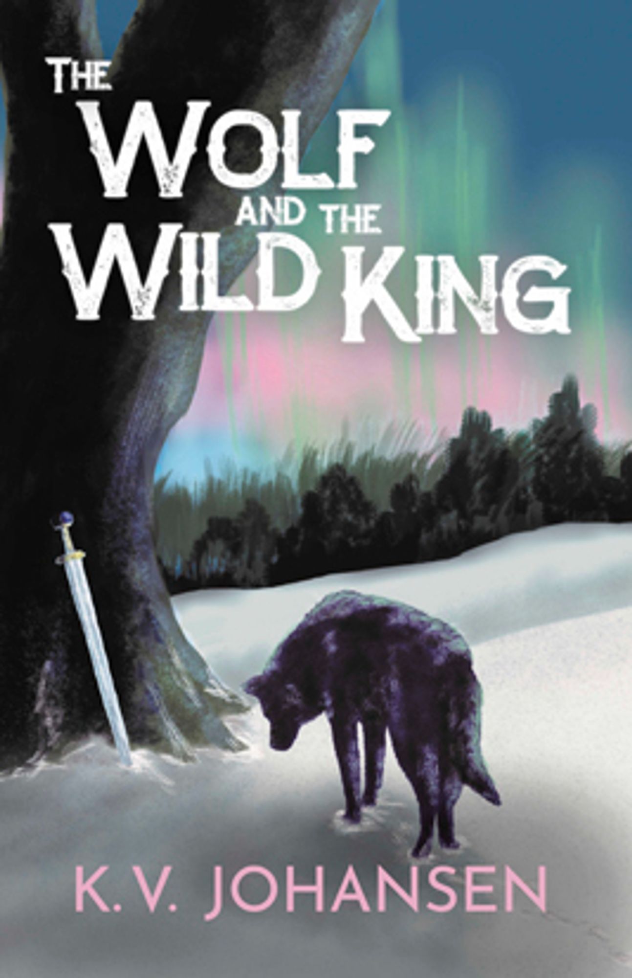 Front cover of The Wolf and the Wild King, by K. V. Johansen, published by Mystique/Crossroad Press. A black wolf, head lowered, approaches an ancient tree, thick-trunked and bare-limbed; it looks like a beech. It’s winter; there’s a heavy crust on the snow with a light dusting of new snow over it; the wolf walks on the crust and leaves only faint footprints. A longsword leans against the trunk of the tree; its pommel is formed of a rounded dark blue stone held in bird-claws. The wolf appears to be both curious about and suspicious of the sword. Conifers run dark along the horizon. The night sky is streaked with northern lights. The style is slightly stylized, oil-painting-like, with very saturated colours, and was painted digitally in many, many layers using a Wacom tablet. (Art by K. V. Johansen.)