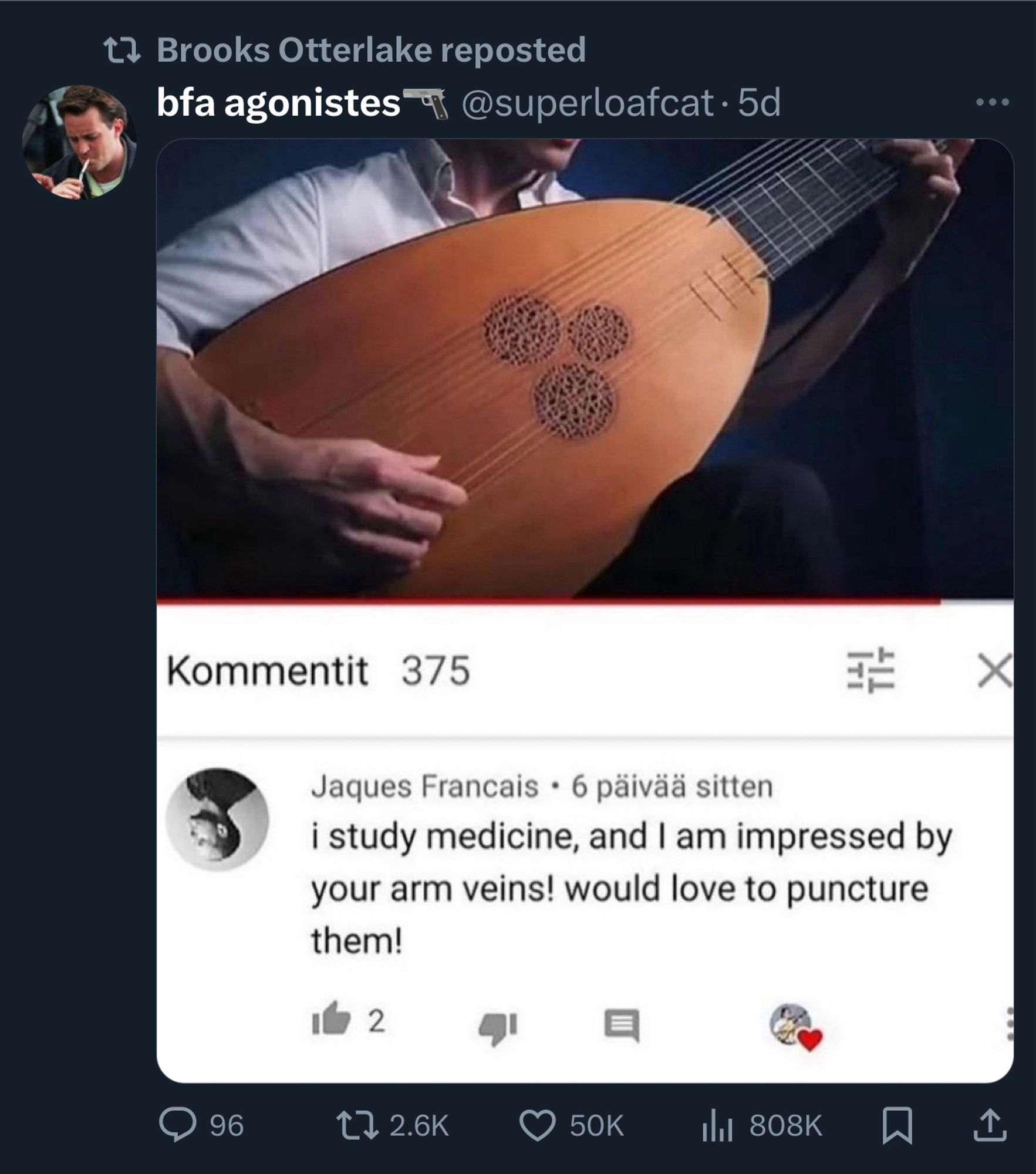 Comment on a Youtube video of a man playing a lute:

Jaques Francais • 6 päivää sitten
i study medicine, and I am impressed by your arm veins! would love to puncture them!