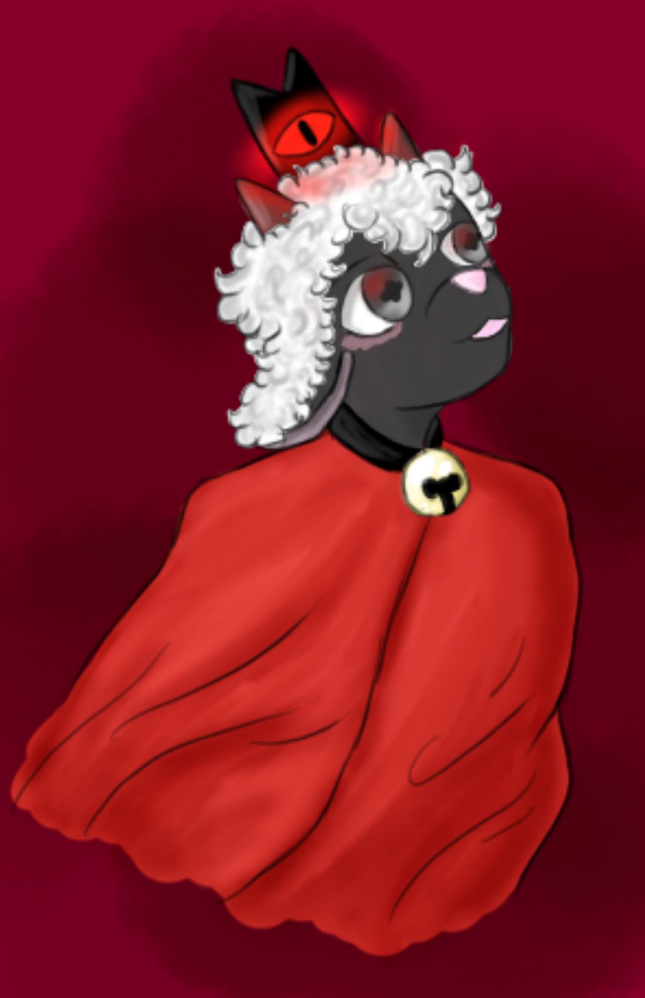 A digital drawing of The Lamb from Cult of The Lamb from midway up. They are at a three quarter angle looking slightly upswards with a smile on their face.