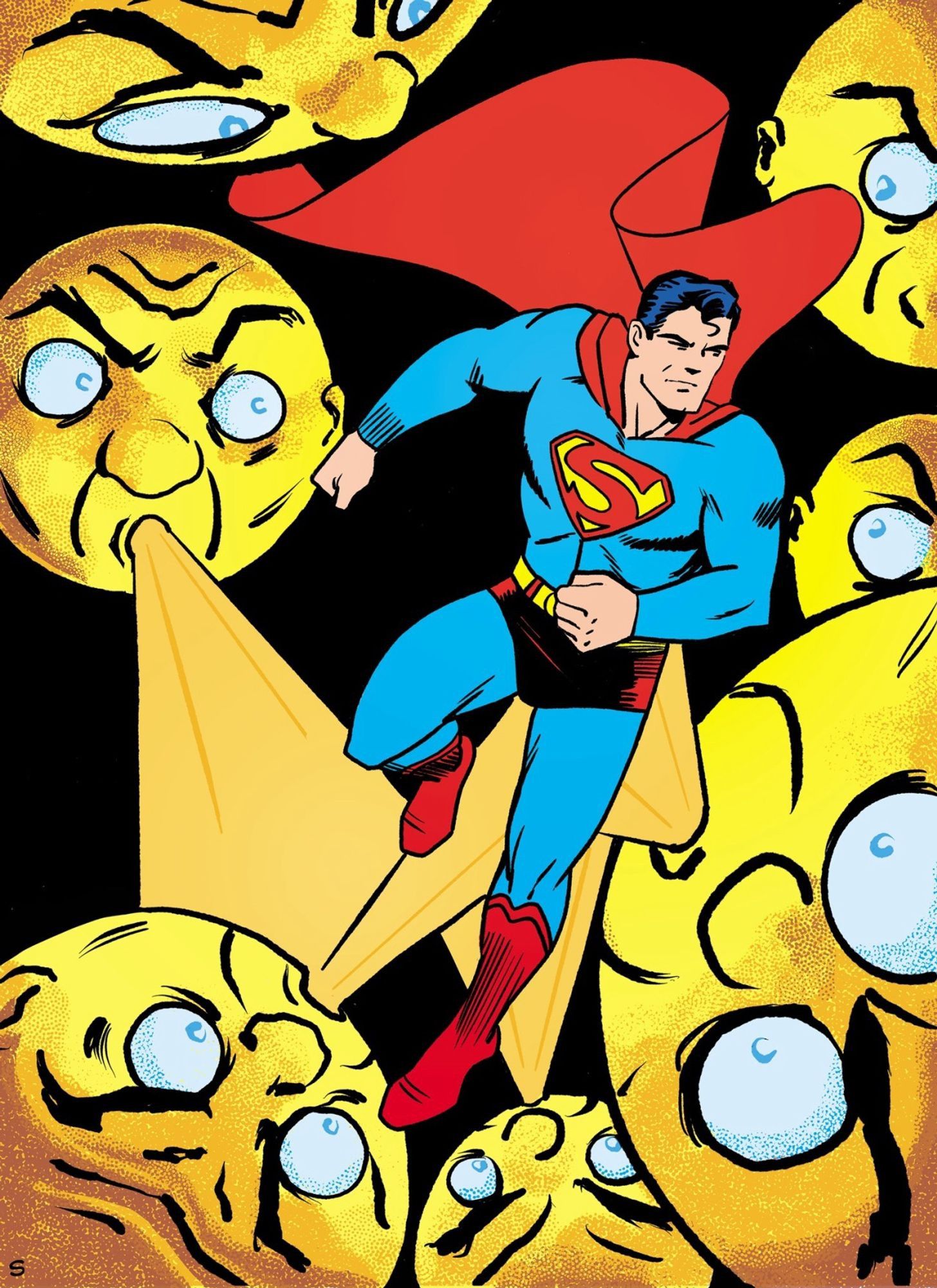 Sandy Jarrell art featuring Golden Age Superman surrounded by multiple Funnyface heads.