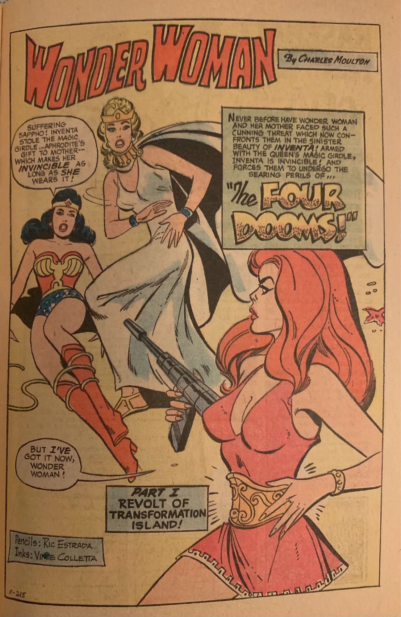 Splash page of Wonder Woman and Hippolyta defeated by the red-headed Inventa, “armed with the queen’s magic girdle.”