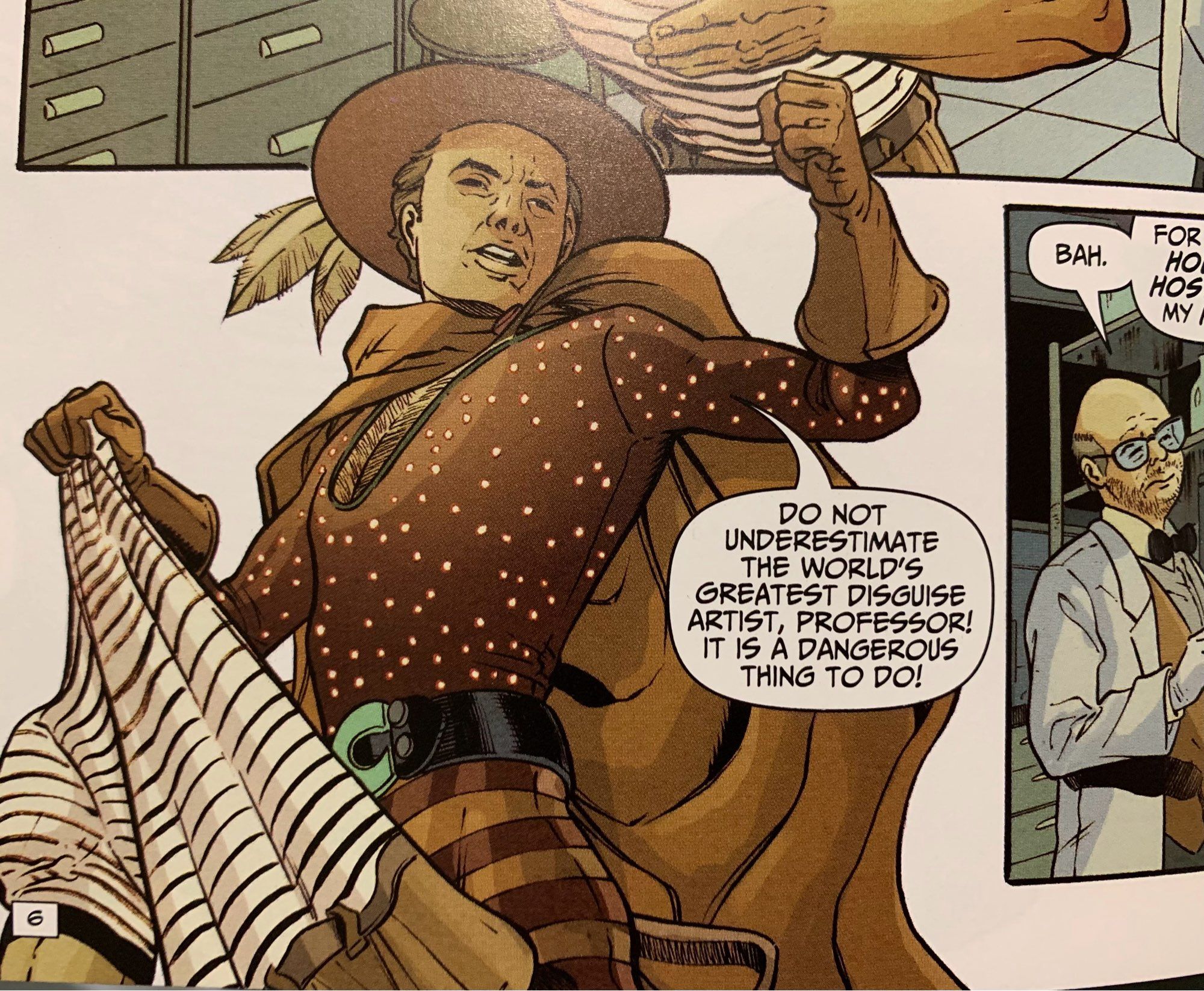 Comic book panel of the swashbuckling dressed villain, The Copycat.