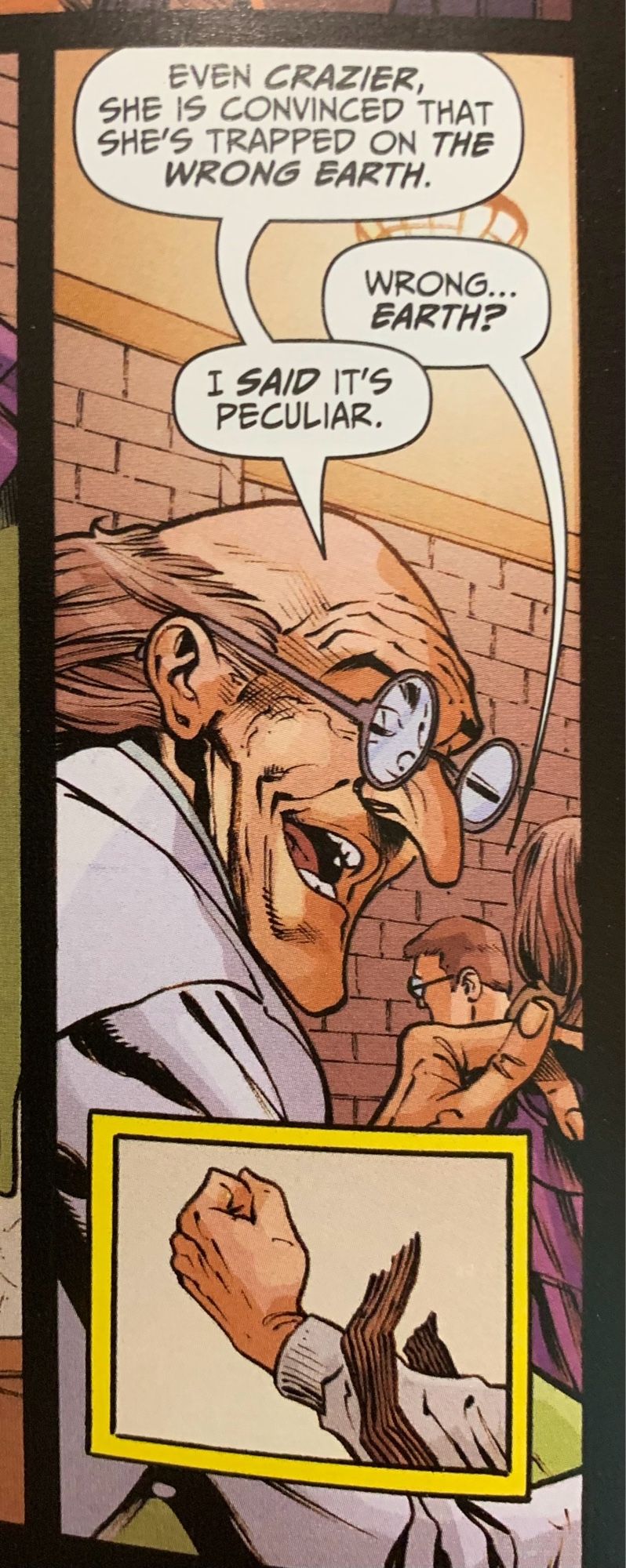 Comic panel of a doctor at a mental institution discussing Lady Dragonflyman claiming to be trapped on the wrong earth.