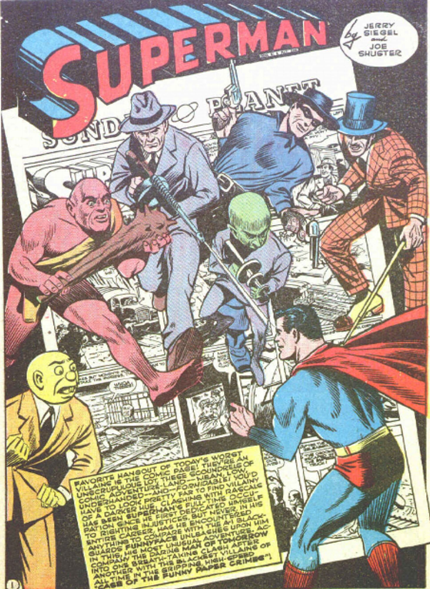 Golden Age Comic book Splash Page of characters rising up out of the newspaper comic pages, led by the villain Funnyface.