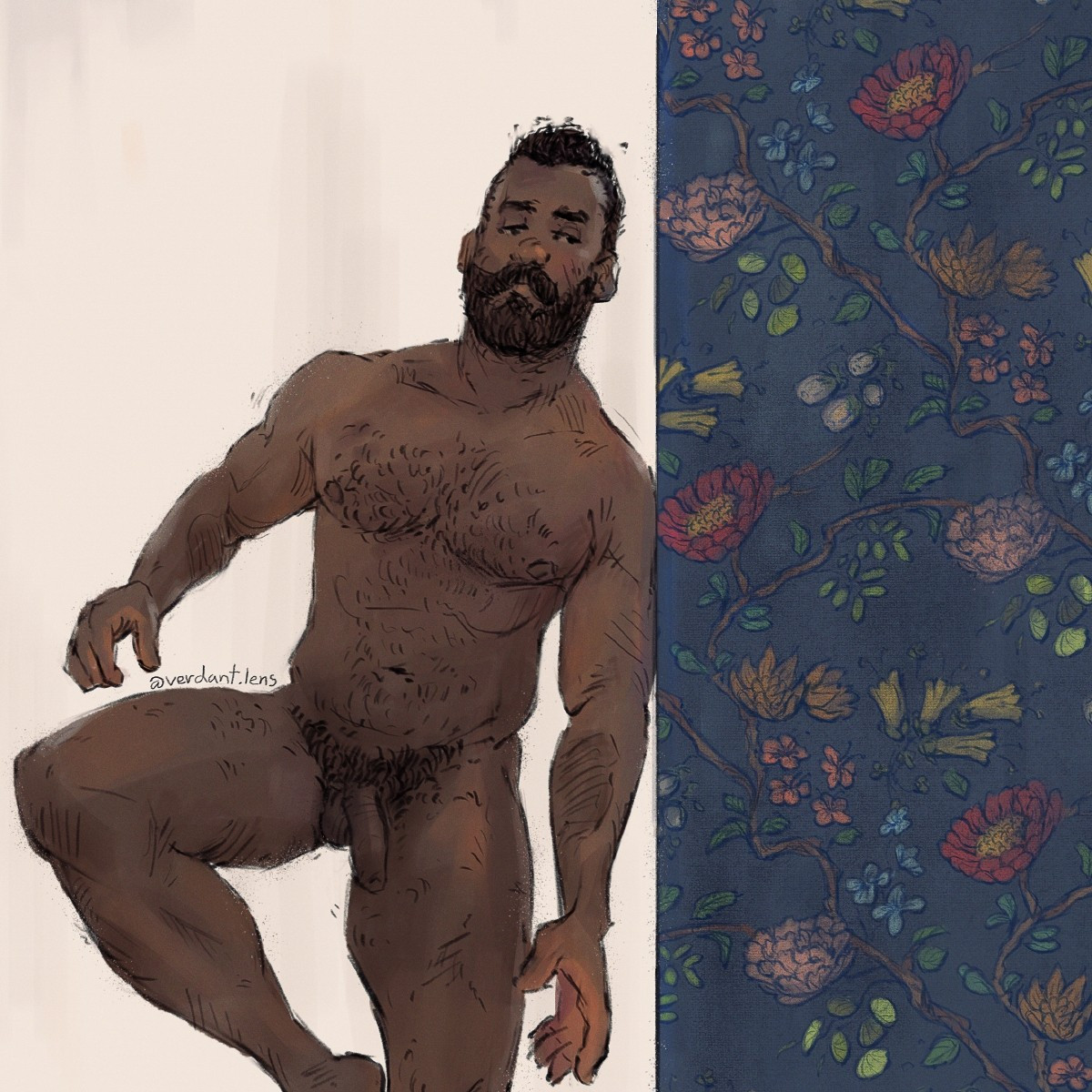 Queerart digital illustration of a nude man leaning against a floral print wall