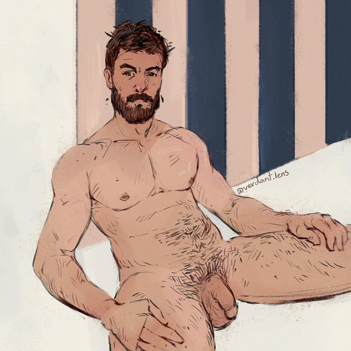 Queerart digital illustration of a nude man leaning against a striped print wall